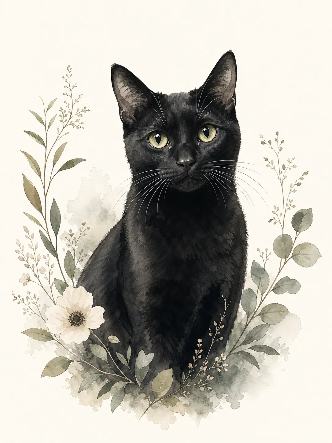 A minimalist custom pet memorial portrait of a black cat, delicate line art with soft watercolor accents, clean ivory background, simple botanical details around the portrait, elegant modern home decor style, calm and heartfelt, suitable for printable pet remembrance art, sympathy gift, framed portrait, no text, no logo, no watermark Negative prompt: photorealistic, overly detailed fur, childish cartoon, messy lines, dark horror mood, cemetery, angel wings, halo, distorted face, bad anatomy, blurry, low quality, text, logo, watermark --ar 3:4