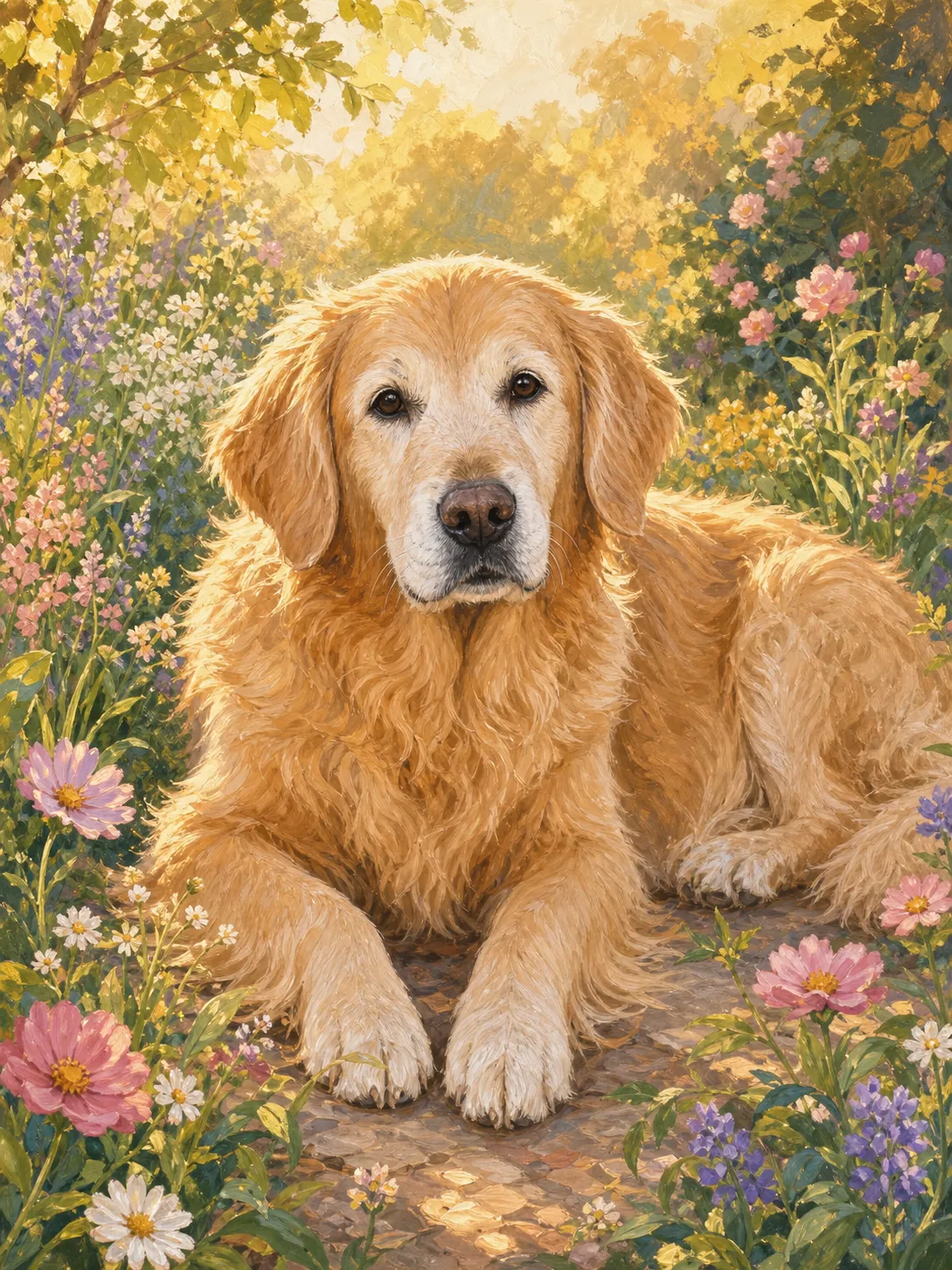 A dreamy hand-painted pet memorial portrait of a senior golden retriever resting in a peaceful flower garden, soft gouache illustration style, warm golden light, gentle wildflowers, comforting emotional atmosphere, beautiful keepsake artwork, suitable for pet remembrance print, memorial gift, Etsy custom portrait, no text, no logo, no watermark Negative prompt: photorealistic, dark sadness, cemetery, crying people, angel wings, halo, cheesy fantasy, distorted dog face, extra limbs, blurry, low quality, text, logo, watermark --ar 3:4