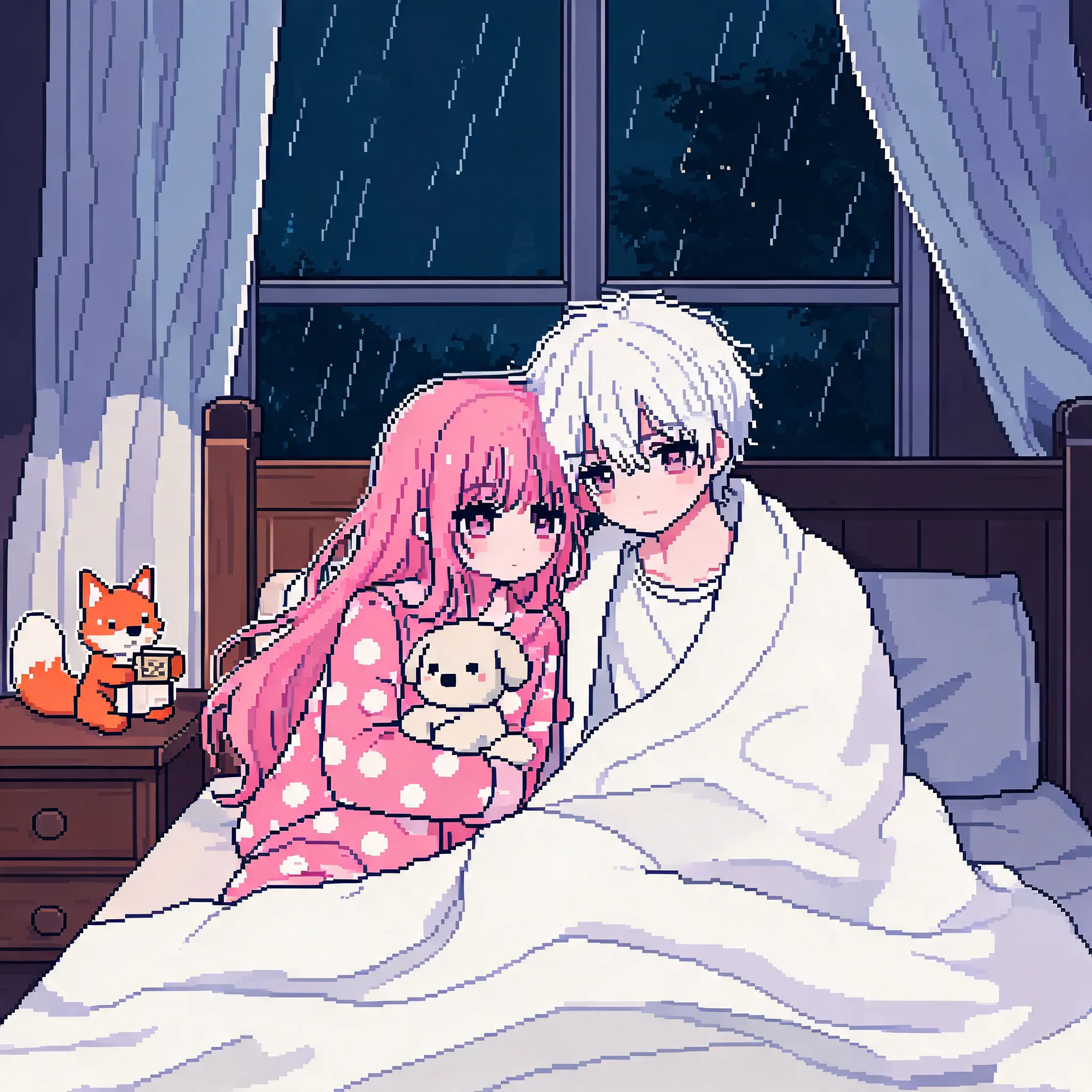 Pixel art style illustration, anime-inspired faces. Nighttime bedroom scene. A boy and a girl sitting on the bed leaning against each other. The girl has pink long hair, wearing pink pajamas with white polka dots, holding a puppy plush toy. The boy has short white hair, wrapped in a white blanket over white innerwear. On the nightstand to the left of the bed, there is a fox figurine holding an item. Background shows a window with white curtains, and a rainy night scene outside.