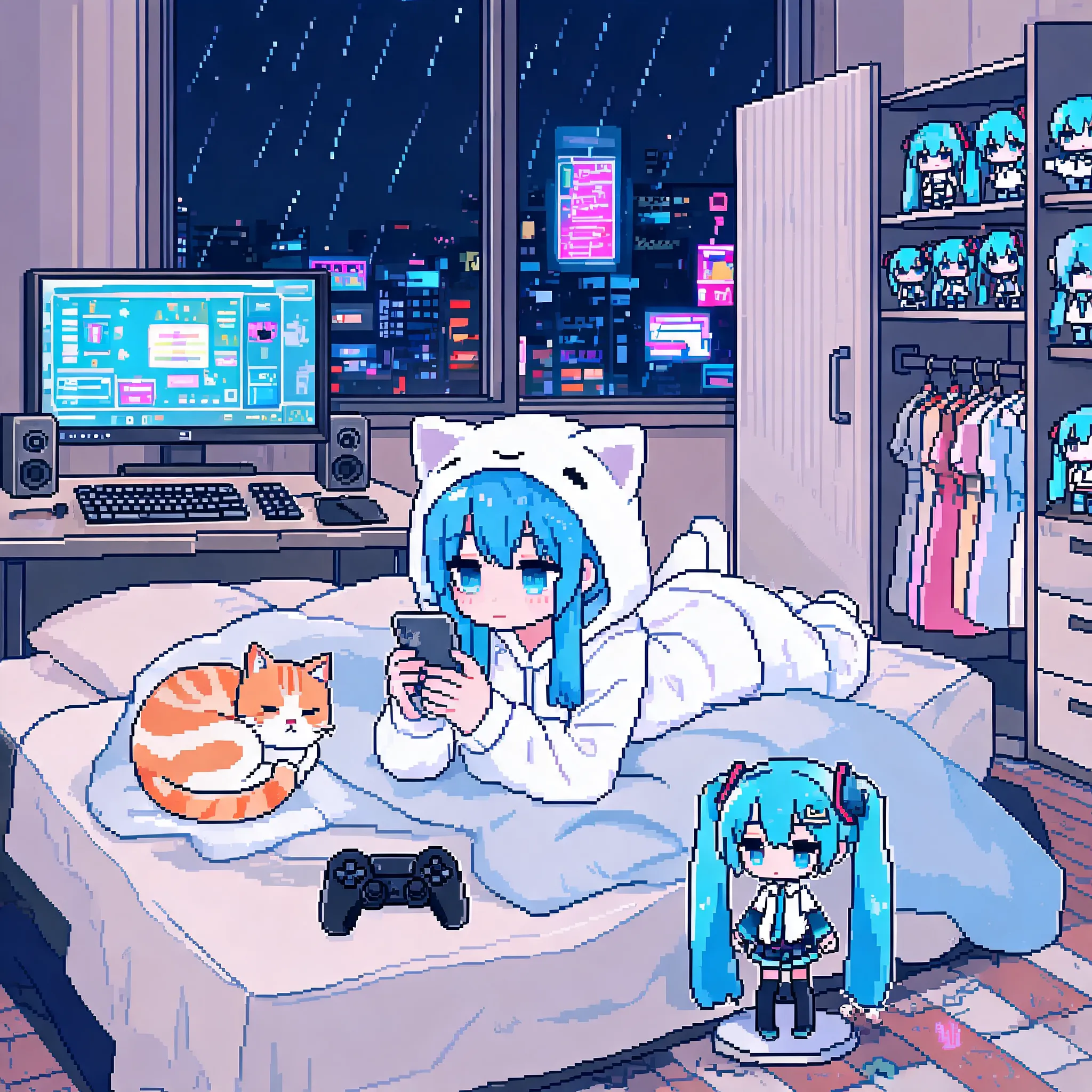 Pixel art style illustration, anime-inspired face. A blue-haired girl wearing white pajamas with cat-ear hood, lying on the bed playing with her phone. A Hatsune Miku figurine sits on the floor beside the bed. An orange-and-white cat is on the bed, next to a game controller. On the left side of the room, there is a desk with a computer screen displaying a game interface, along with speakers and a keyboard. On the right side, a wardrobe has several dresses hanging, and shelves are filled with blue-haired character figurines. Outside the window, a rainy city night glows with neon lights.