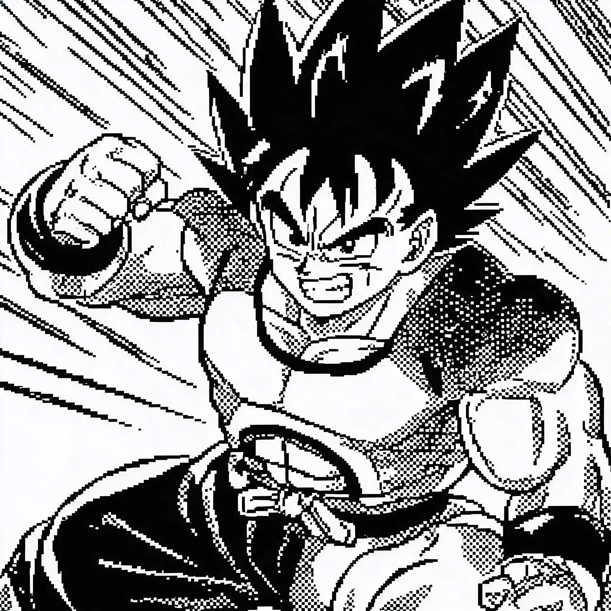 Create dynamic black-and-white shonen manga characters as detailed 16-bit pixel art, fusing modern action-manga design with retro monochrome sprite art. An energetic shonen hero in a powerful action pose, chunky crisp pixels, pure black-and-white palette, pixel screentone shading, bold ink blacks and high contrast, retro arcade game aesthetic.