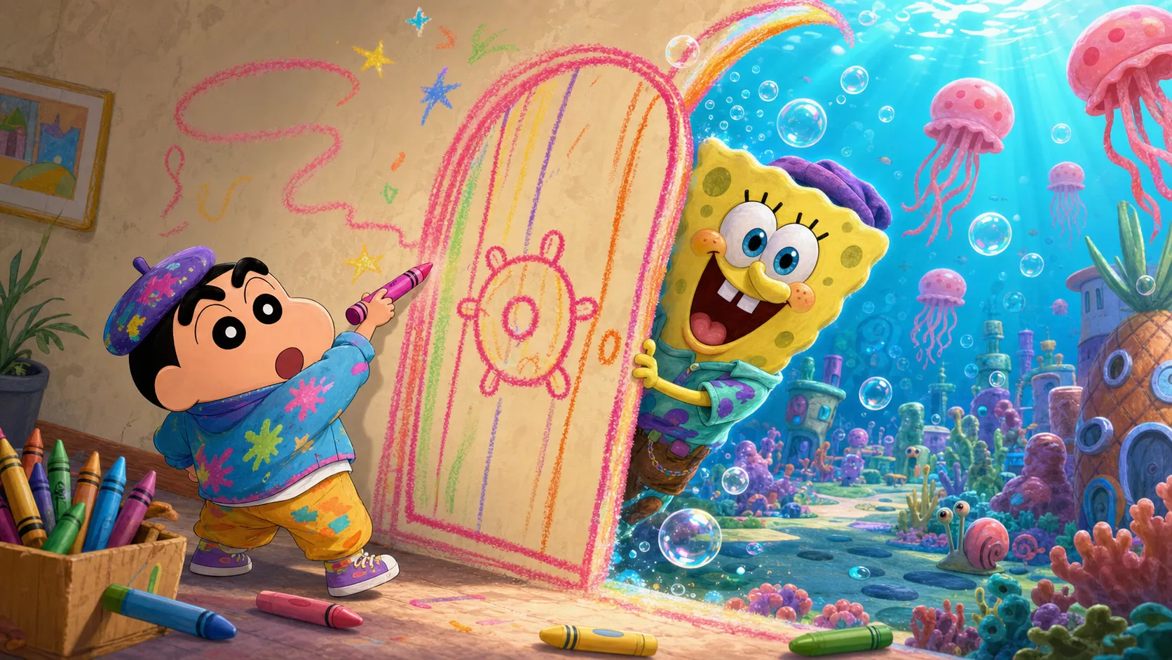 A funny crossover fan-art wallpaper featuring Shin-chan and SpongeBob SquarePants, Shin-chan drawing a giant crayon door on the wall, the door opens into SpongeBob’s underwater world with bubbles, jellyfish, coral streets and glowing sea light, SpongeBob leaning out with an excited expression, magical crayon lines floating in the air, playful surreal comedy, colorful animation wallpaper, redesigned clothing, not their original outfits, clean wide composition, no text, no logo, no watermark Negative prompt: exact official cartoon frame, original outfits, copied character pose, dark horror, realistic photo, bad anatomy, distorted eyes, blurry, low quality, text, logo, watermark