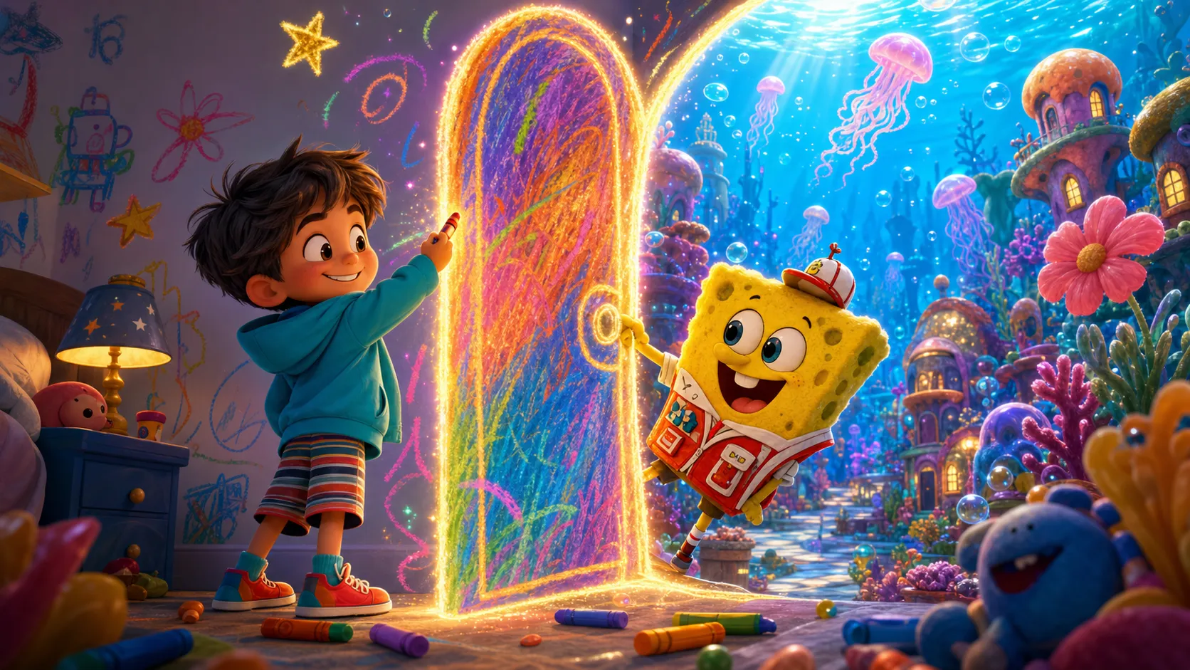 A funny crossover fan-art wallpaper featuring Shin-chan and SpongeBob SquarePants, Shin-chan drawing a giant crayon door on the wall, the door opens into SpongeBob’s underwater world with bubbles, jellyfish, coral streets and glowing sea light, SpongeBob leaning out with an excited expression, magical crayon lines floating in the air, playful surreal comedy, colorful animation wallpaper, redesigned clothing, not their original outfits, clean wide composition, no text, no logo, no watermark Negative prompt: exact official cartoon frame, original outfits, copied character pose, dark horror, realistic photo, bad anatomy, distorted eyes, blurry, low quality, text, logo, watermark --ar 16:9