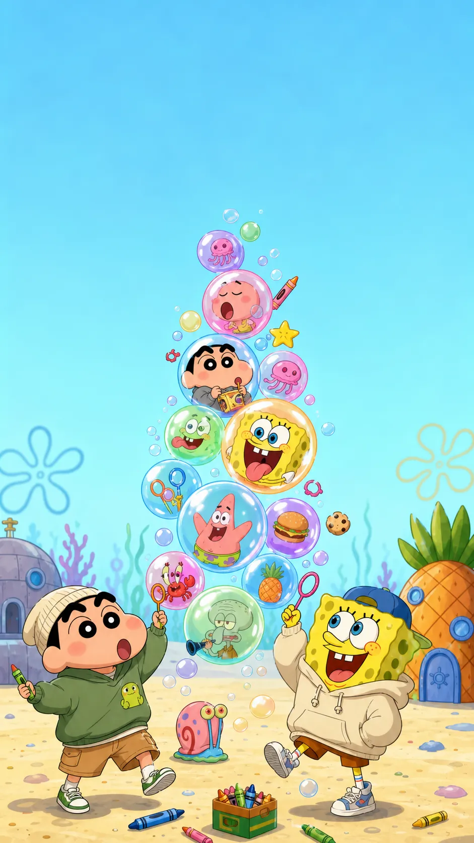A vertical phone wallpaper featuring Shin-chan and SpongeBob SquarePants in a playful crossover fan-art design, a tall tower of colorful bubbles rising upward, each bubble showing funny exaggerated expressions, crayons, jellyfish, snacks, sea stars and doodle effects, cute chaotic comedy mood, bright clean colors, simple bold cartoon composition, redesigned modern casual outfits, large empty space near the top for phone icons, no text, no logo, no watermark Negative prompt: exact screenshot, original outfits, copied official art, scary faces, realistic photo, messy composition, blurry, low quality, text, logo, watermark --ar 9:16