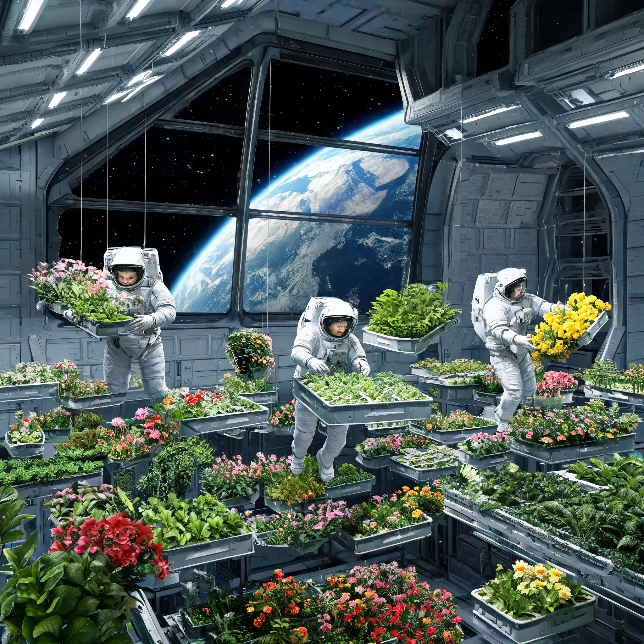 A massive greenhouse inside an international space station, filled with various plants and flowers, astronauts tending to the vegetation in zero gravity, with Earth and stars visible through large observation windows.