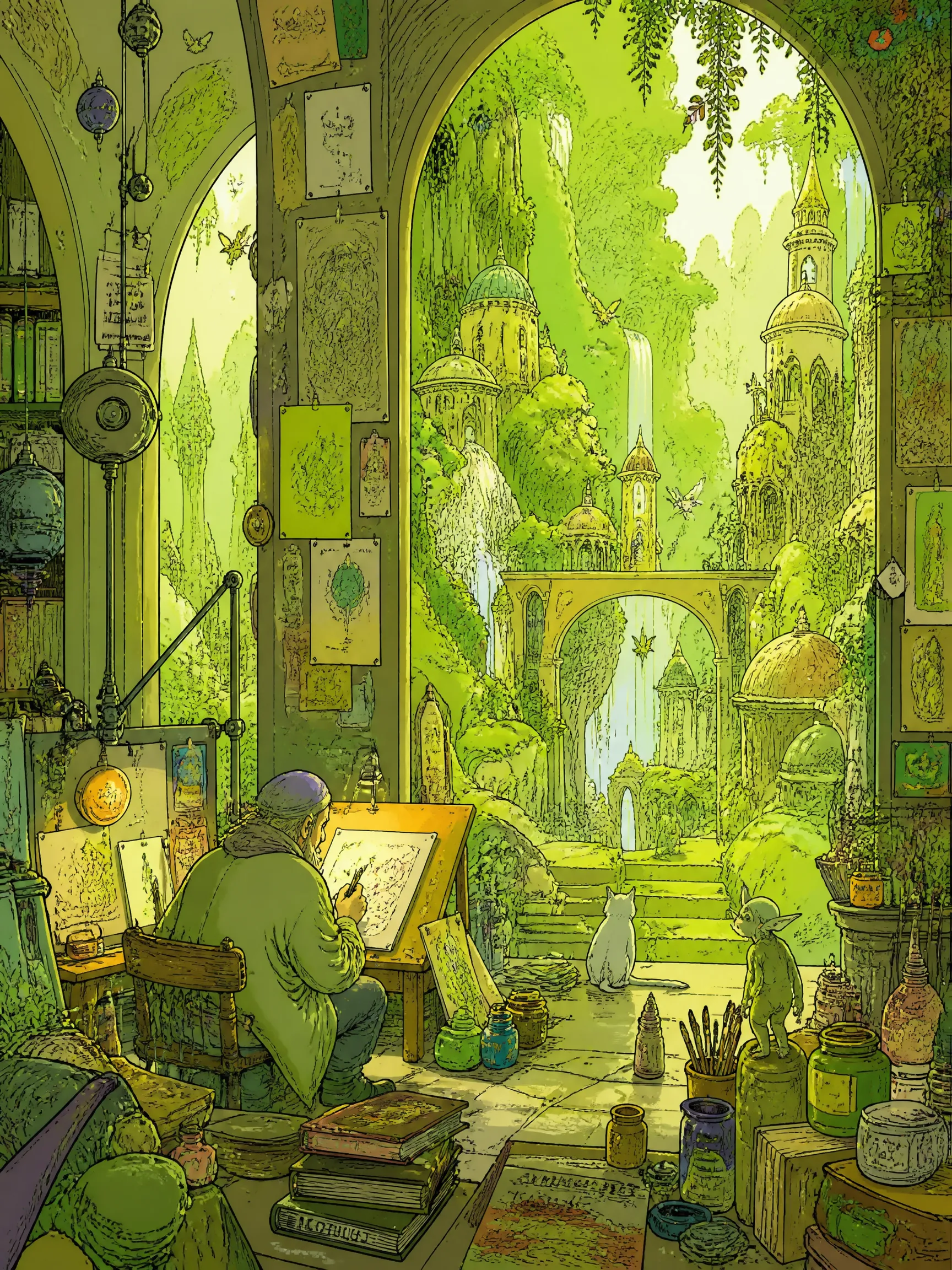 Moebius (Jean Giraud) style, maximalism, extreme expressiveness, romantic vibe, impeccable details, masterpiece by a grand master. An illustrator’s studio, mystical spring, clean composition, rich and vibrant colors, architecture featured within the frame. The overall palette is dominated by bright, vivid olive‑green, crafting a whimsical, lovely and cozy forest‑fairy‑tale atmosphere, as if transporting viewers into a wonderland brimming with delightful surprises.