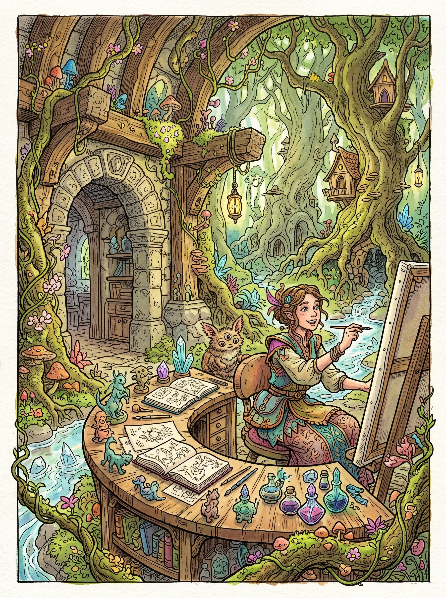 Moebius (Jean Giraud) style, maximalism, extreme expressiveness, romantic vibe, impeccable details, masterpiece by a grand master. An illustrator’s studio, mystical spring, clean composition, rich and vibrant colors, architecture featured within the frame. The overall palette is dominated by bright, vivid olive‑green, crafting a whimsical, lovely and cozy forest‑fairy‑tale atmosphere, as if transporting viewers into a wonderland brimming with delightful surprises.