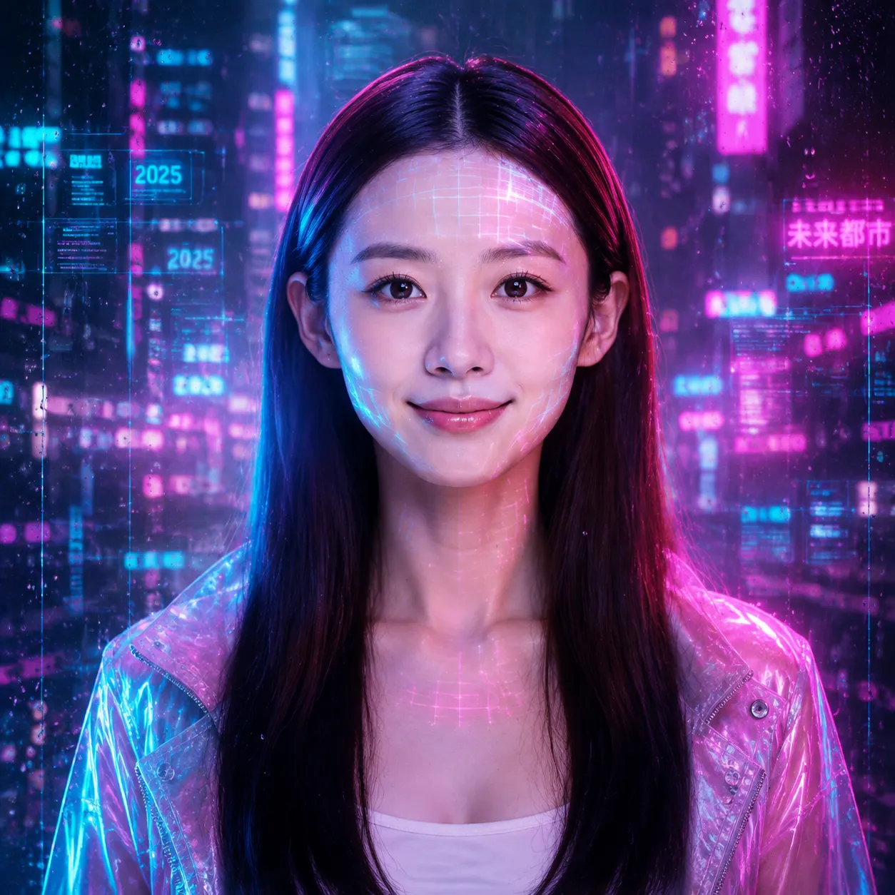 A futuristic cyberpunk portrait of the same person, bathed in vibrant neon pink and cyan lighting, with holographic grid reflections on the skin, rain-streaked glass overlay, high-tech cityscape bokeh in the background, sharp focus on facial features, hyper-detailed, 8k, cinematic, unreal engine 5 style.
