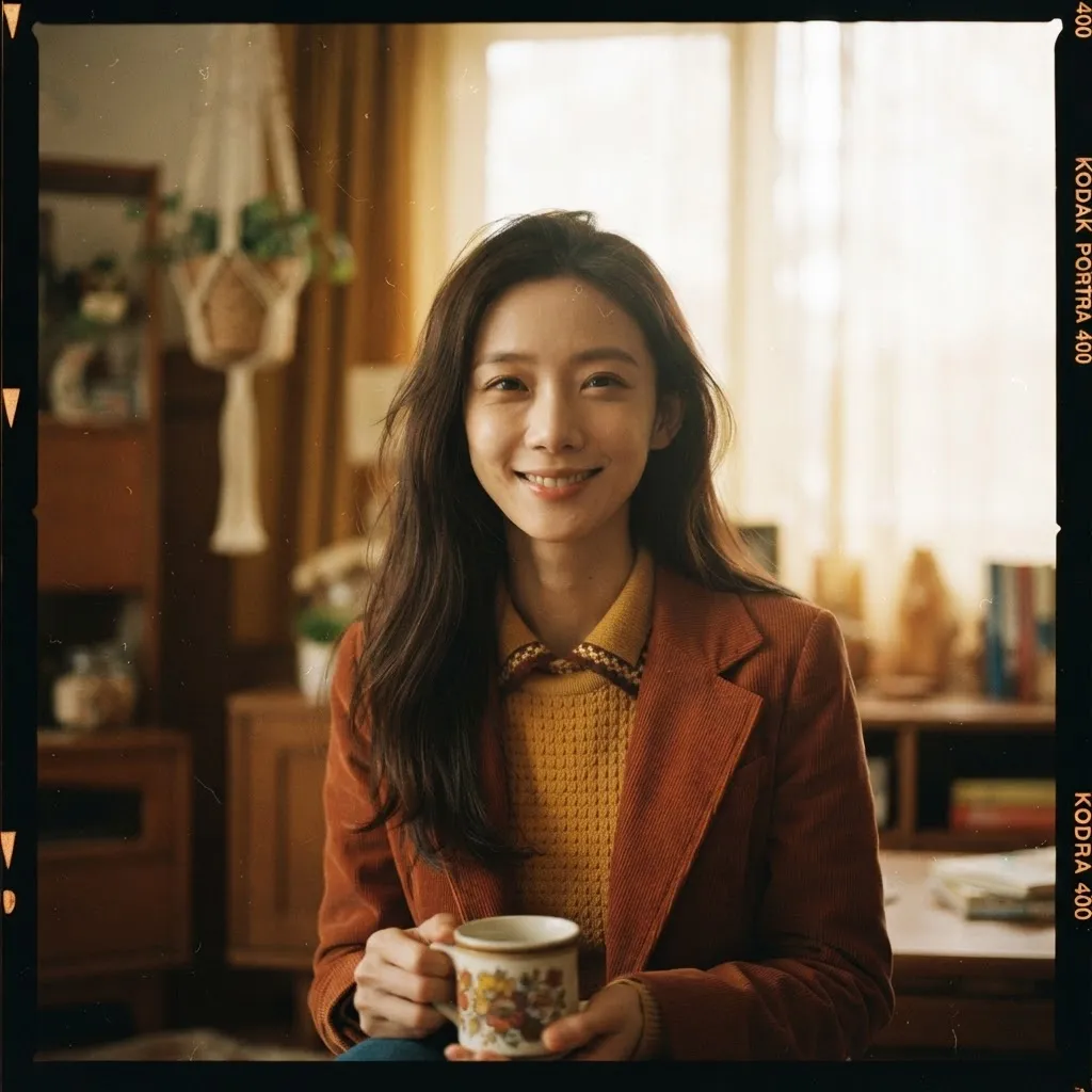 A grainy vintage 1970s analog photograph of the same person, warm amber and mustard yellow tones, soft natural window light, slight film dust scratches, retro clothing style, shallow depth of field, nostalgic and intimate mood, Kodak Portra 400 film stock, 35mm photography aesthetic.
