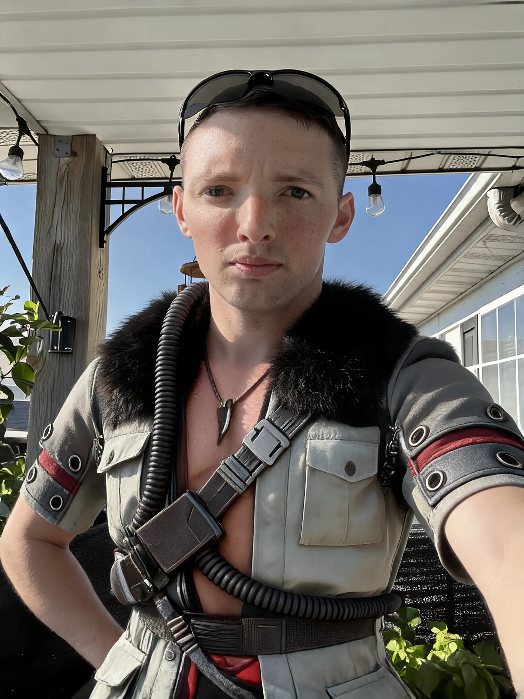 Try this clothing item on the person in the photo.