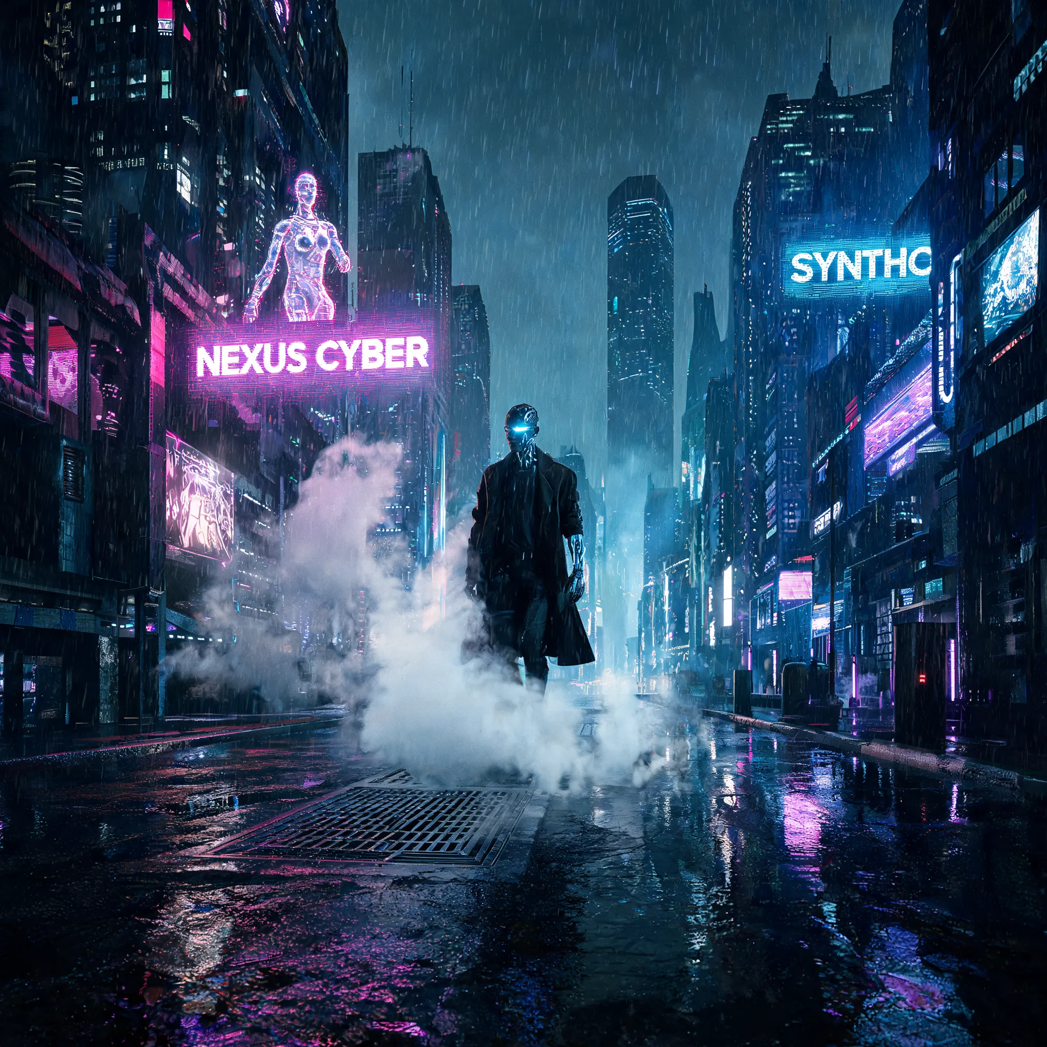 Rain-slicked neon alley in a sprawling megacity, holographic advertisements flickering on towering skyscrapers, a lone cyborg figure with glowing cybernetic implants walking through steam rising from a vent, dark moody atmosphere, cinematic lighting, photorealistic, 8k.