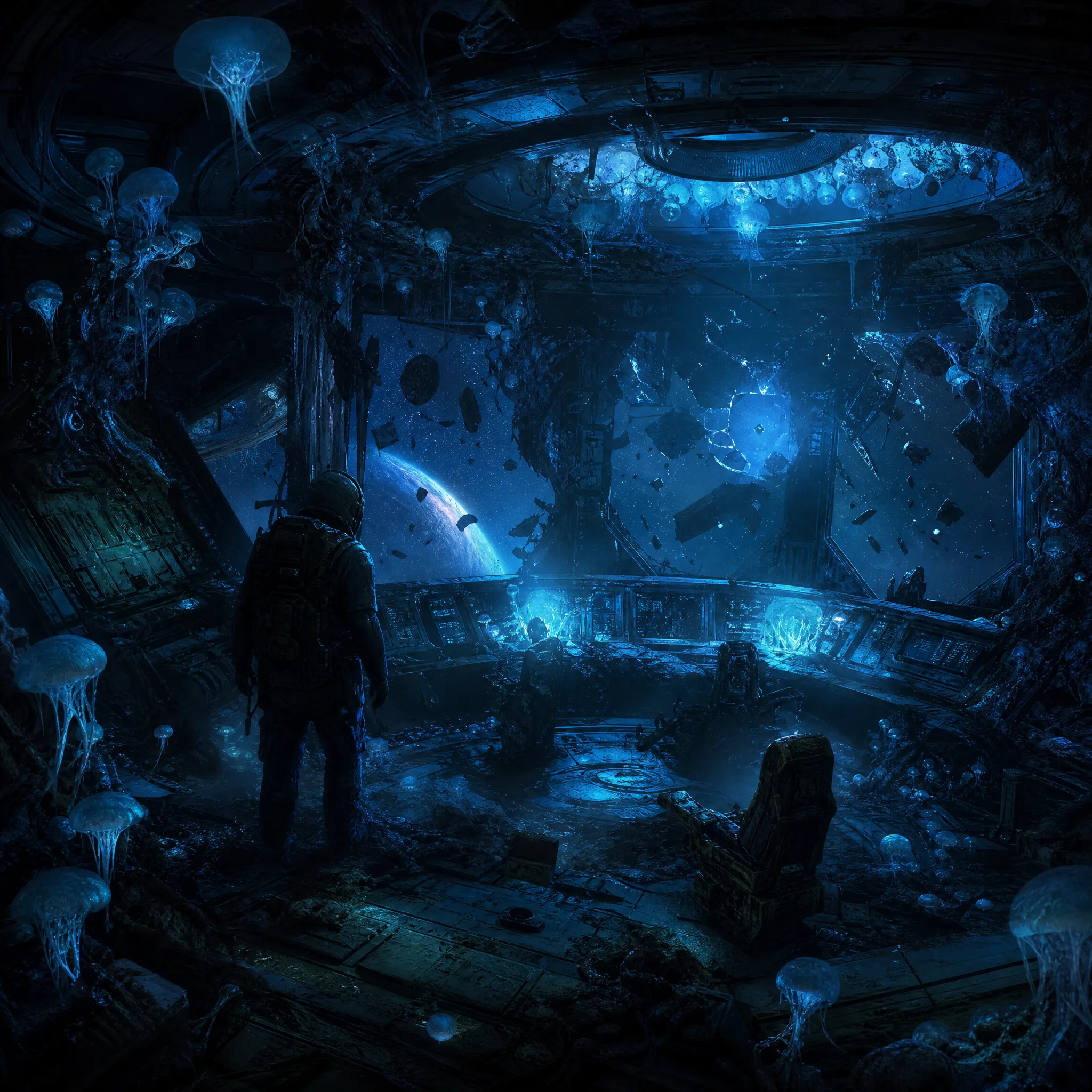 Interior of a derelict alien spaceship, overgrown with bioluminescent fungal growths, a faint ethereal blue light emanating from cracked control panels, floating debris in zero gravity, the silhouette of an astronaut exploring the abandoned bridge, mysterious and haunting atmosphere, hyperdetailed, concept art.