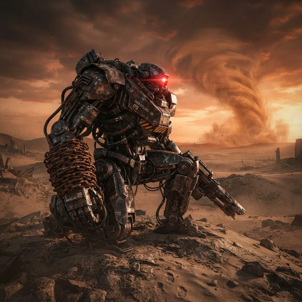 A colossal battle-scarred mecha kneeling in a desert wasteland, its single red optic scanning the horizon, massive rusted chains wrapped around its arm, a distant sandstorm approaching, post-apocalyptic sci-fi, dramatic backlighting, gritty textures, highly detailed, 3d render.