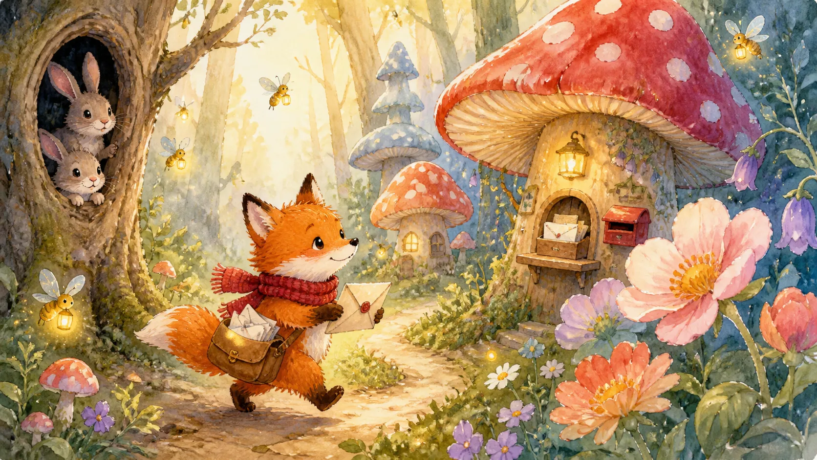 A tiny fox wearing a knitted scarf delivers handwritten letters through an enchanted forest where giant mushrooms serve as post offices. Curious rabbits peek from tree hollows, glowing fireflies carry tiny lanterns, and oversized flowers gently sway in the breeze. Soft watercolor textures, hand-painted children's book illustration, warm pastel palette, visible brushstrokes, magical and heartwarming atmosphere.