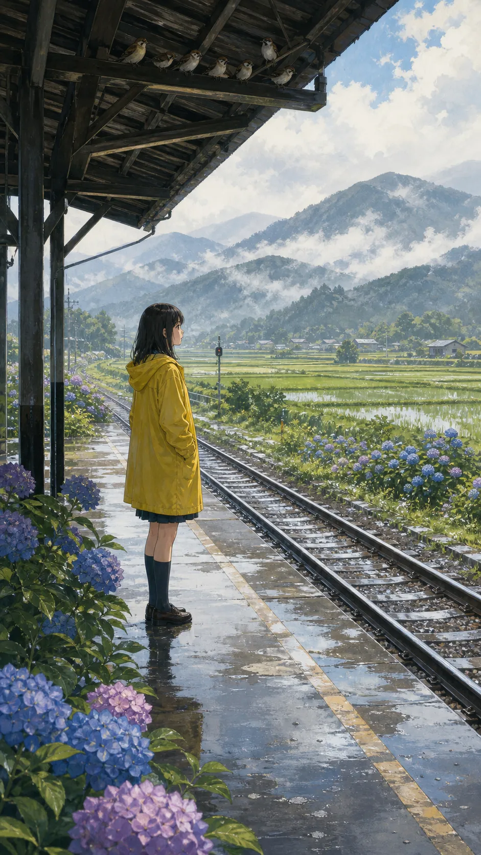 A quiet countryside train station surrounded by endless rice fields after summer rain. A teenage girl in a yellow raincoat waits patiently while hydrangeas bloom along the tracks. Mist rises from distant mountains as small birds gather beneath the station roof. Gentle hand-painted anime illustration, soft natural lighting, poetic composition, nostalgic mood.