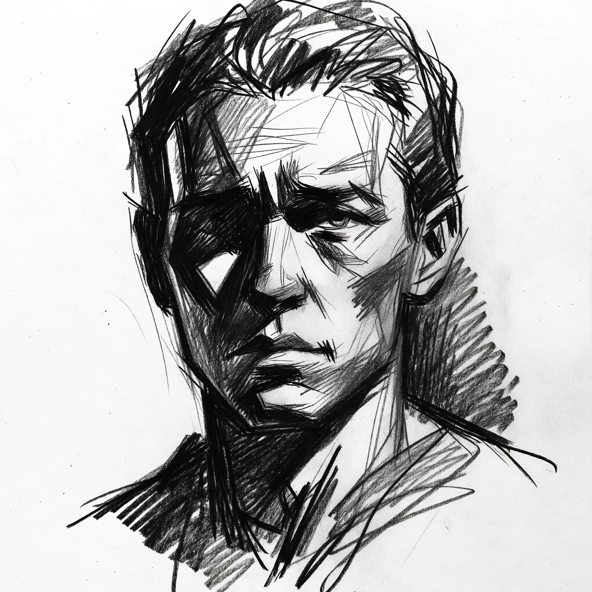 A high-contrast charcoal pencil sketch of the same person, expressive dark strokes, rough paper texture, strong cross-hatching shading on the face, dramatic side lighting, minimalist white background, raw and emotional artistic feel, hand-drawn black-and-white illustration, masterpiece.