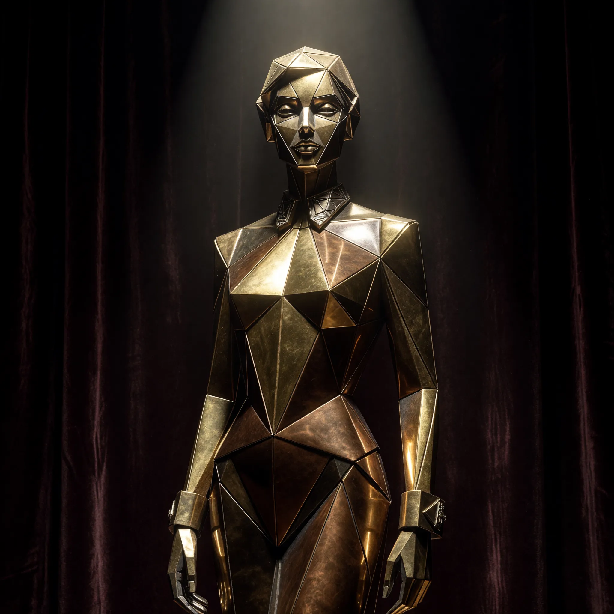 The same person sculpted as a luxurious golden Art Deco statue, polished brass and bronze finish, geometric faceted planes on the face, sleek vintage 1920s aesthetic, dramatic top-down spotlight, dark velvet backdrop, reflective metallic surfaces, sharp shadows, highly detailed 3D render, octane render style.