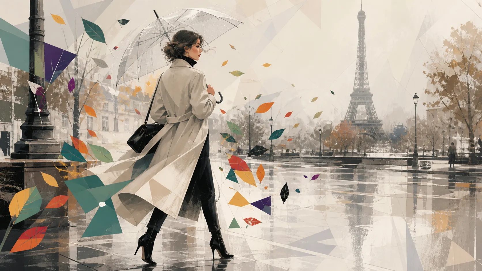 A stylish Parisian woman walking through a rainy boulevard carrying a transparent umbrella while colorful geometric leaves swirl around her. Elegant fashion silhouettes blend seamlessly with abstract shapes and expressive brush textures. Sophisticated editorial magazine illustration, limited color palette, contemporary European illustration style.