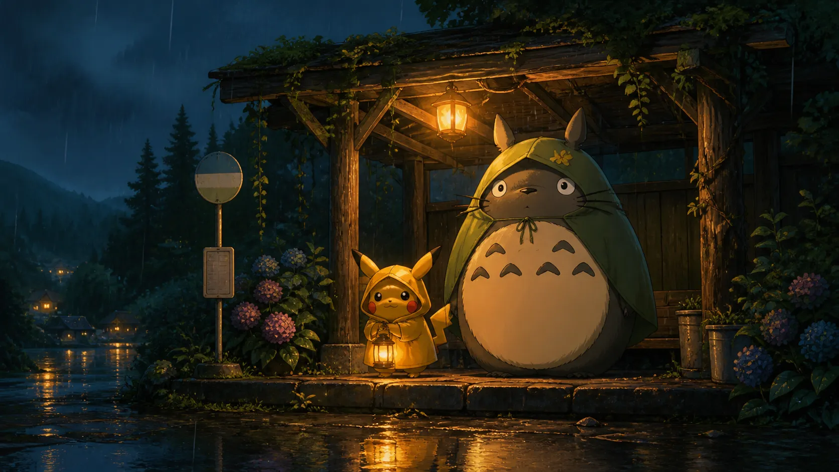 A creative crossover fan-art desktop wallpaper featuring Pikachu and Totoro waiting together at a rainy countryside bus stop at night, warm lantern light, falling rain, puddle reflections, lush forest background, cozy magical atmosphere, cinematic composition, soft painterly animation style, redesigned rain accessories, no official screenshot, no text, no logo, no watermark Negative prompt: exact official poster, copied scene, original screenshot, distorted faces, scary mood, realistic photo, messy composition, blurry, low quality, text, logo, watermark --ar 16:9
