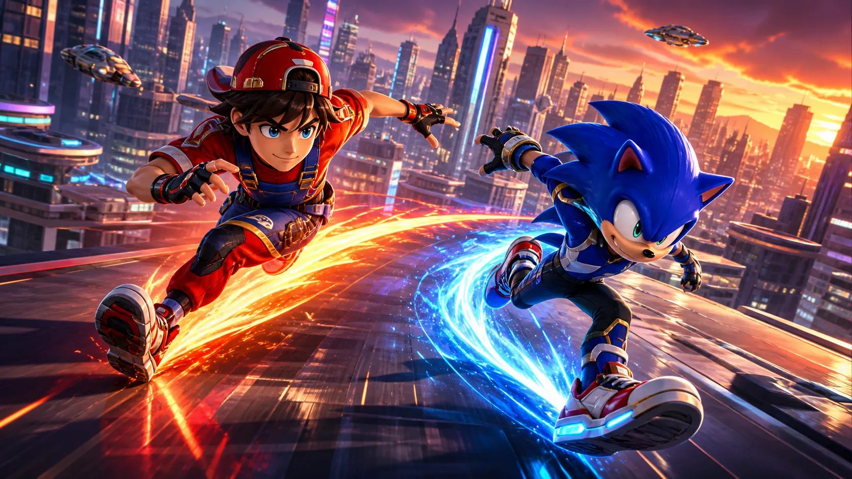 A dynamic crossover fan-art desktop wallpaper featuring Mario and Sonic racing across futuristic city rooftops at sunset, motion blur, glowing speed trails, playful competitive energy, cinematic wide composition, vibrant colors, detailed urban skyline, redesigned sporty outfits instead of classic game poses, no official screenshot, no text, no logo, no watermark Negative prompt: exact game screenshot, copied official art, original poses, distorted bodies, extra limbs, messy background, low quality, blurry, text, logo, watermark