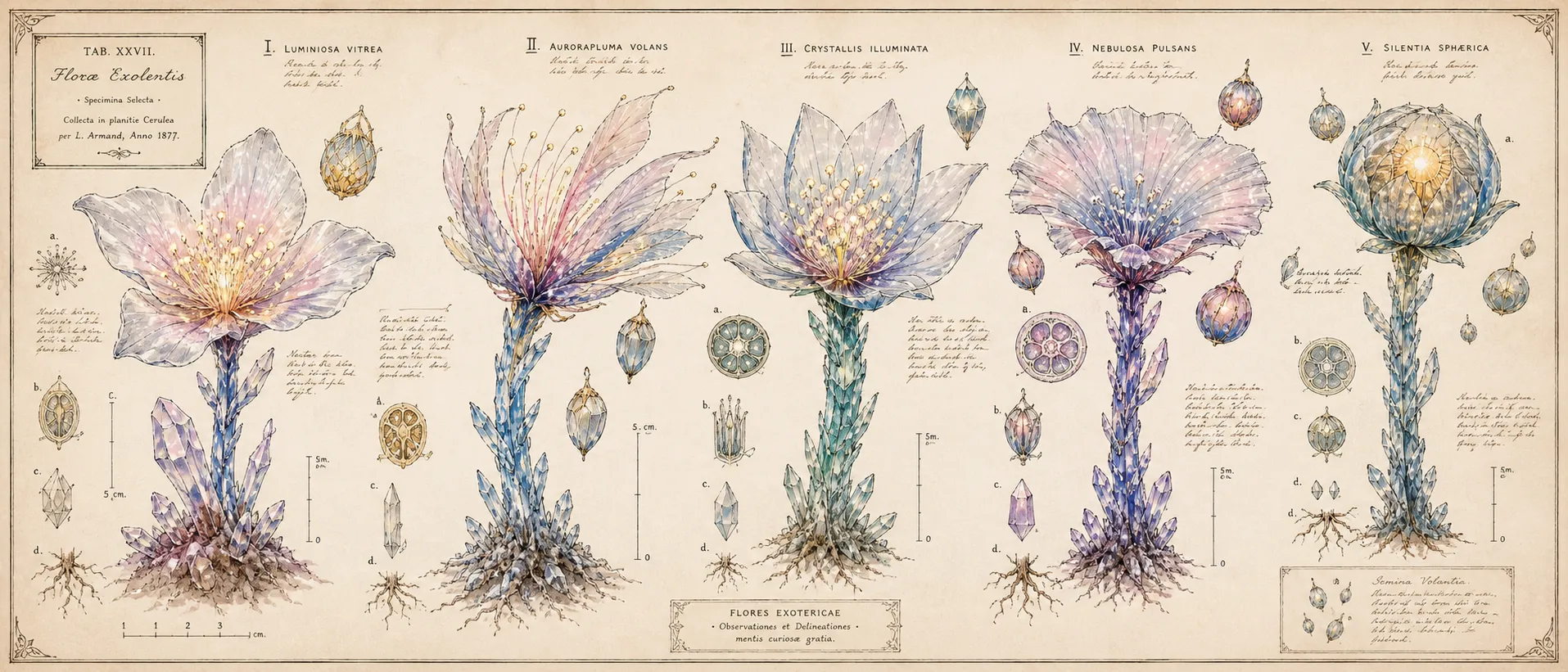 An elaborate scientific illustration documenting imaginary flowers from another planet. Each plant features translucent petals, glowing pollen, crystal stems, and floating seed pods. Delicate handwritten annotations surround every specimen. Inspired by 19th-century botanical books with watercolor and fine ink detailing.