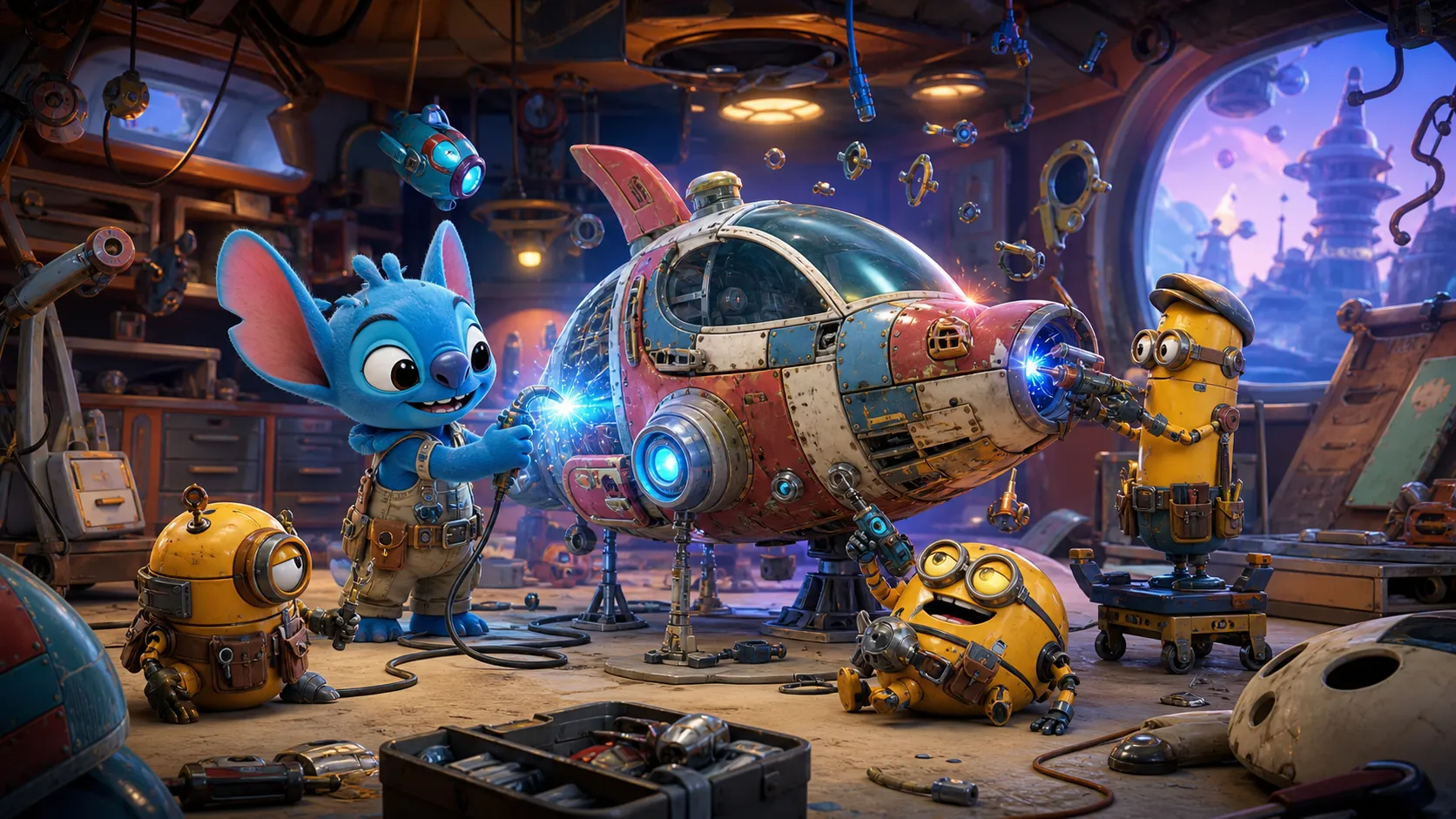 A funny crossover fan-art desktop wallpaper featuring Stitch and a small group of Minions repairing a tiny spaceship inside a messy colorful space garage, glowing tools, floating bolts, silly expressions, sci-fi comedy atmosphere, bright cinematic animation style, wide wallpaper composition, redesigned mechanic outfits, no official screenshot, no text, no logo, no watermark Negative prompt: exact movie screenshot, copied official art, scary alien, realistic photo, messy unreadable details, distorted faces, extra limbs, blurry, low quality, text, logo, watermark --ar 16:9