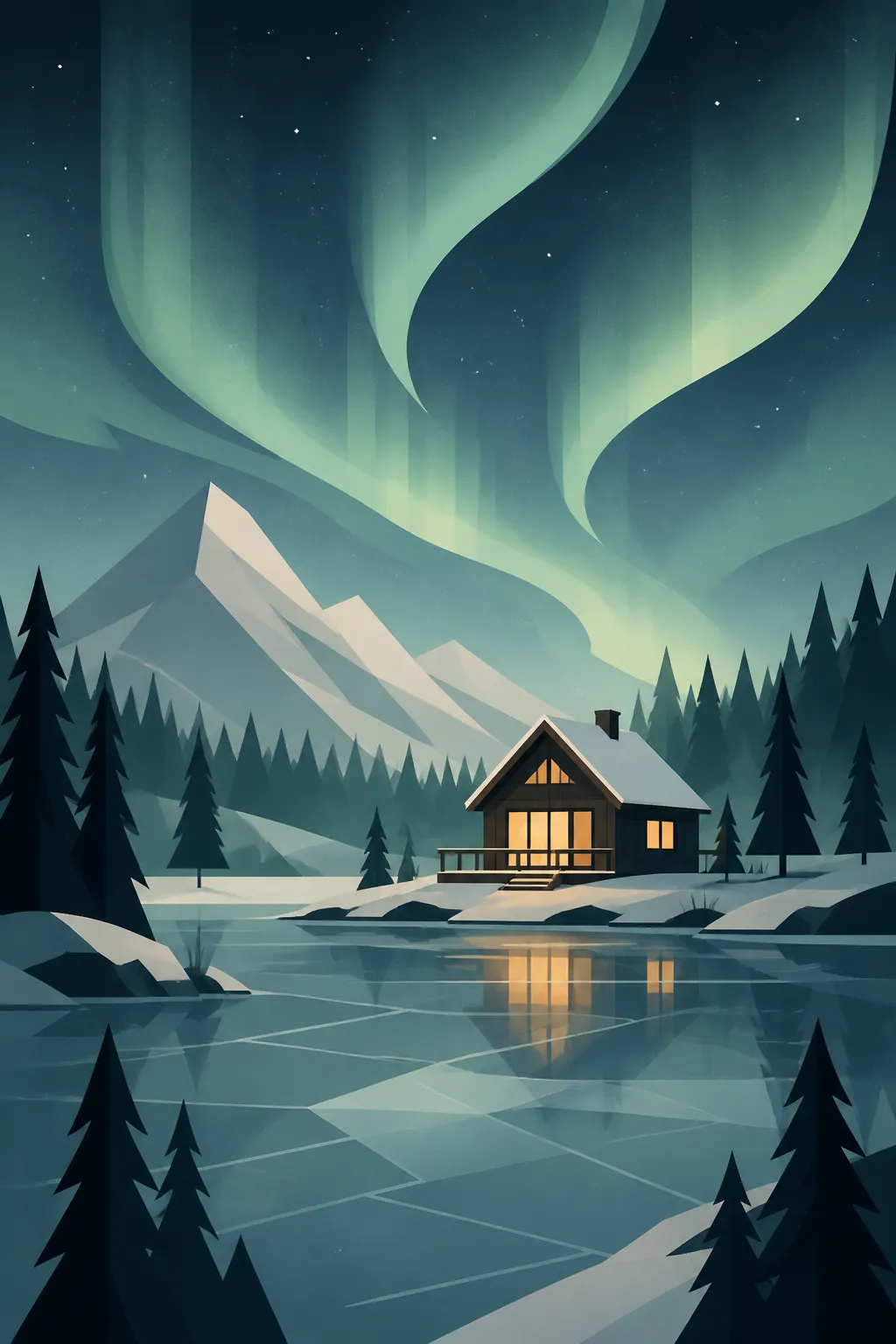 A peaceful Nordic cabin beside a frozen lake under the northern lights. Simplified geometric pine forests, muted earth tones, clean compositions, minimal textures, and elegant flat illustration style inspired by Scandinavian design.