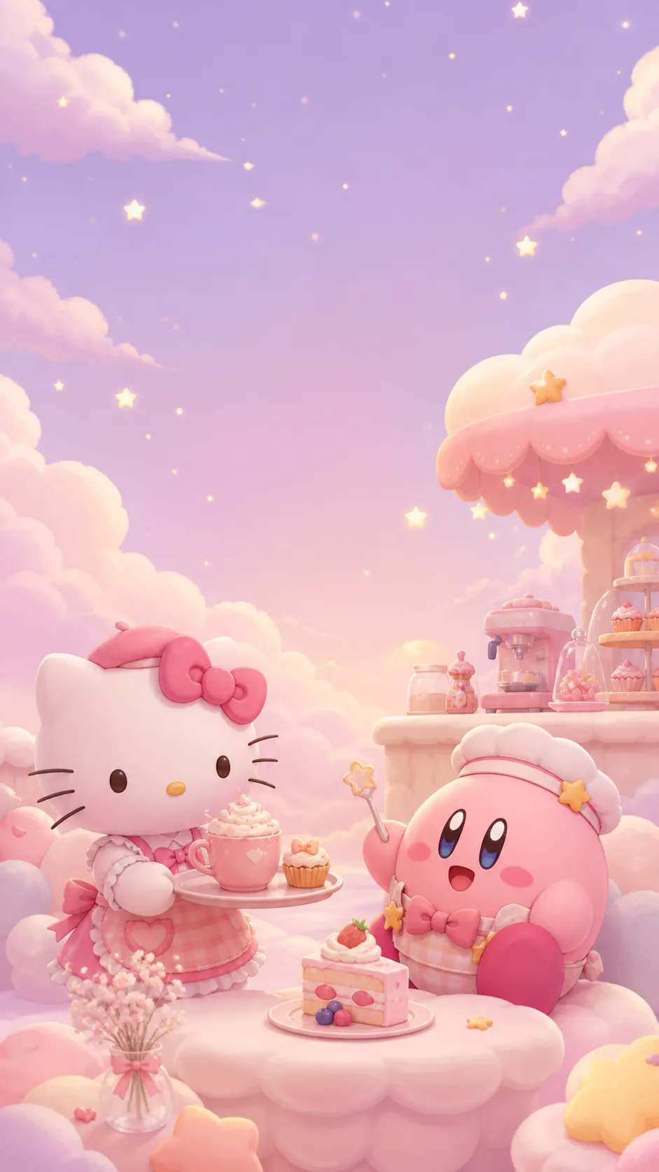 A cute vertical crossover fan-art phone wallpaper featuring Hello Kitty and Kirby inside a pastel cloud cafe, floating desserts, soft pink clouds, tiny stars, warm dreamy lighting, clean vertical composition, large empty space near the top for phone icons, soft kawaii animation style, redesigned cafe outfits, no official screenshot, no text, no logo, no watermark Negative prompt: exact official art, copied pose, cluttered composition, creepy face, distorted character, oversaturated colors, blurry, low quality, text, logo, watermark --ar 9:16