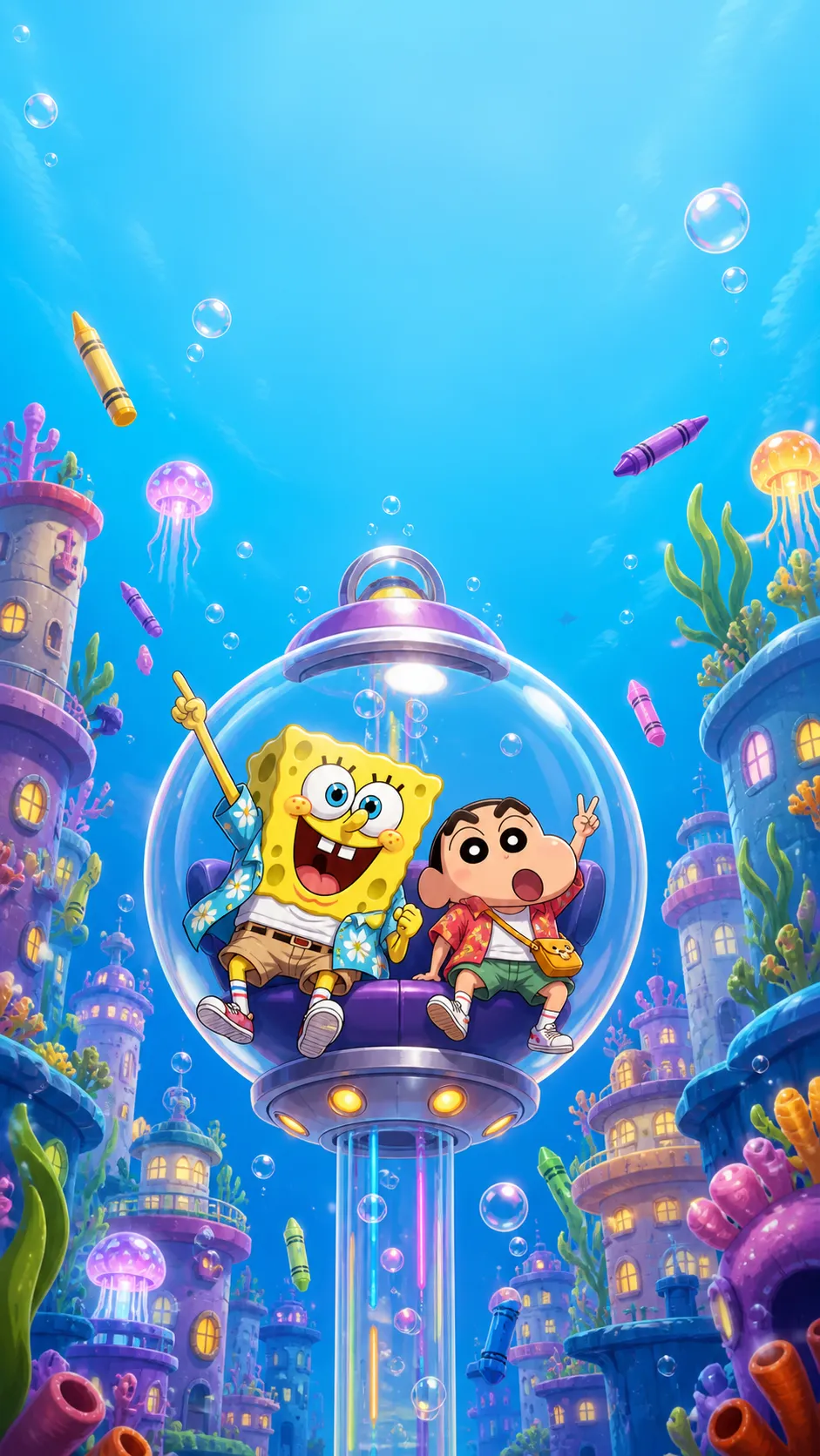 A playful vertical crossover fan-art phone wallpaper featuring SpongeBob SquarePants and Shin-chan riding a transparent bubble elevator through a colorful underwater city, floating crayons, jellyfish lights, coral buildings, silly exaggerated expressions, bright comedy mood, clean vertical composition, empty space near the top for phone icons, redesigned casual outfits, no official screenshot, no text, no logo, no watermark Negative prompt: exact official screenshot, original outfits, copied scene, scary faces, realistic photo, messy background, distorted faces, extra limbs, blurry, low quality, text, logo, watermark --ar 9:16