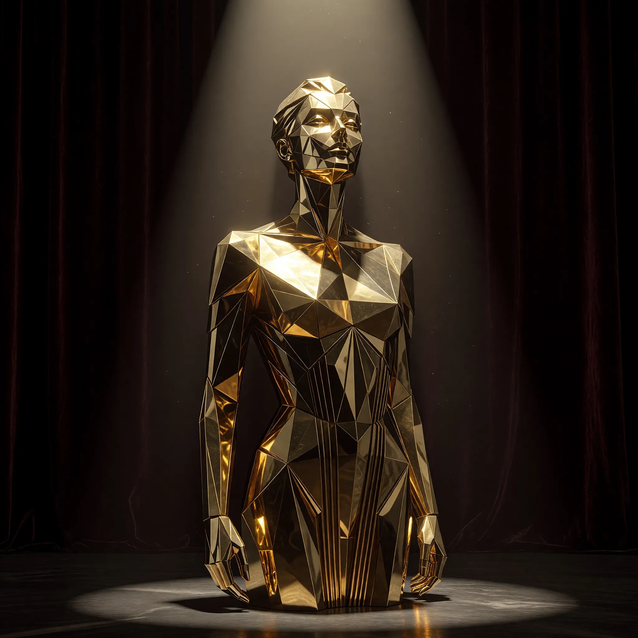 The same person sculpted as a luxurious golden Art Deco statue, polished brass and bronze finish, geometric faceted planes on the face, sleek vintage 1920s aesthetic, dramatic top-down spotlight, dark velvet backdrop, reflective metallic surfaces, sharp shadows, highly detailed 3D render, octane render style.