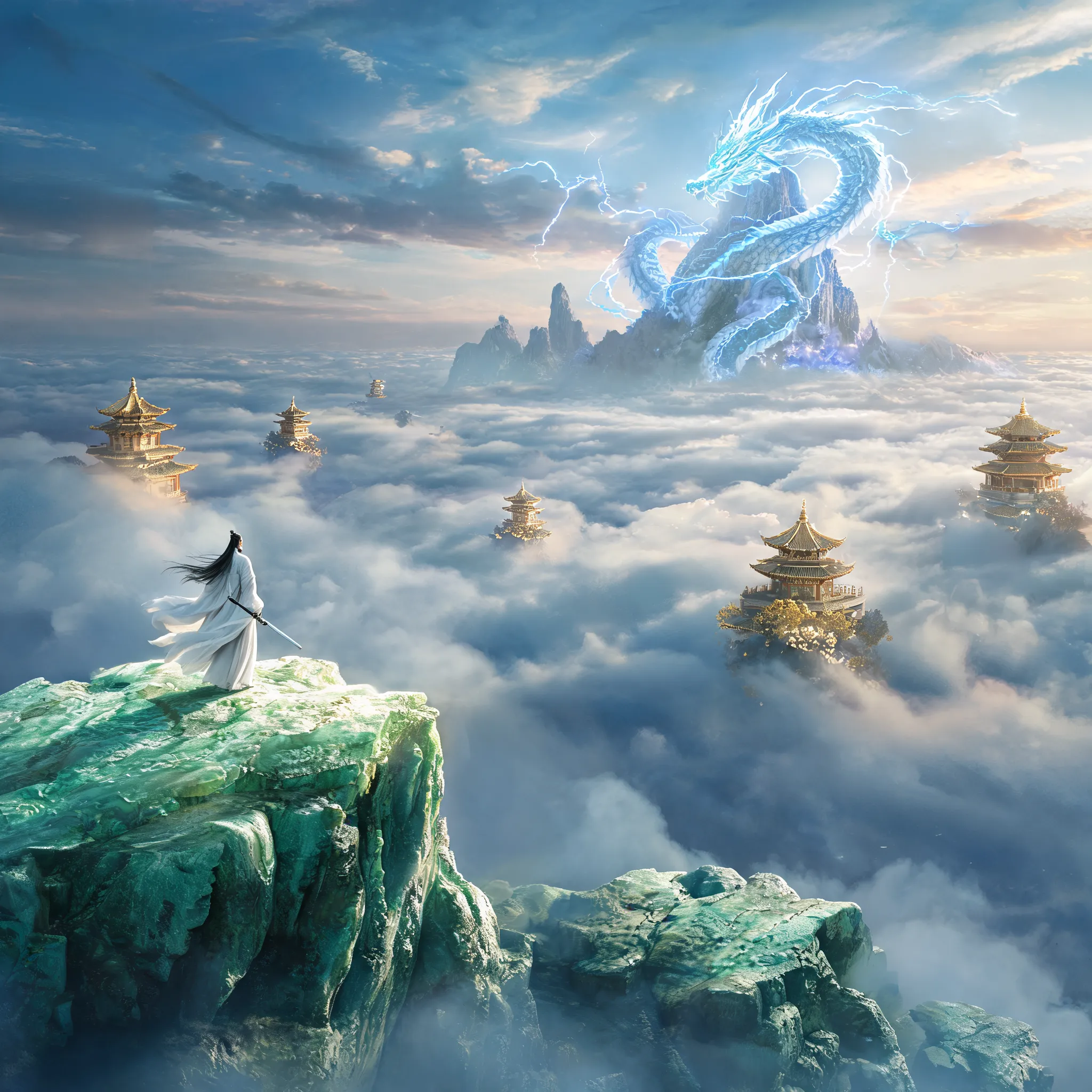 Epic cinematic wide shot of a lone swordsman in white robes standing on the edge of a floating jade cliff, overlooking a sea of swirling clouds and ancient golden pagodas suspended in the sky. A giant spectral dragon made of azure lightning coils around a distant celestial mountain. Dynamic lighting, ethereal mist, volumetric fog, unreal engine 5 style, high fantasy, dramatic atmosphere, 8k.