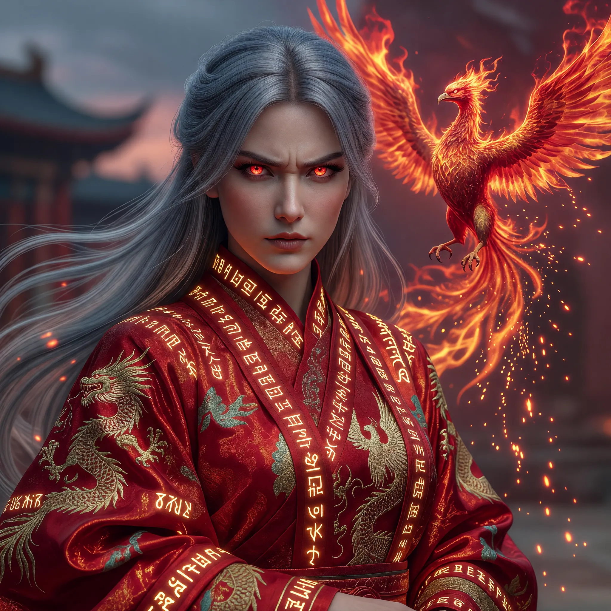 Close-up portrait of a female cultivator with flowing silver hair and phoenix-like red eyes, wearing an elaborate crimson and gold hanfu with glowing runic embroidery. A translucent fire phoenix spirit hovers behind her, shedding ember-like sparks. Intricate details, sharp focus, shallow depth of field, complementary colors of red and gold, magical glow, art station trending