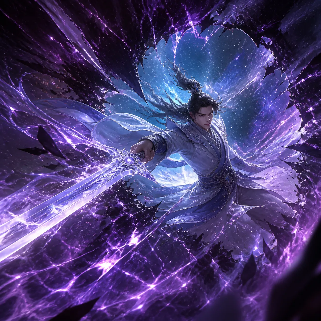 Dynamic mid-action shot of a male immortal wielding a crystalline jian sword, cleaving through a dark void of purple and black chaos. The sword strike creates a shockwave of fracturing space, revealing a glimpse of a serene starry cosmos behind the rift. Motion blur, particle effects, explosive energy, kinetic energy, dramatic backlighting, hyper-detailed.