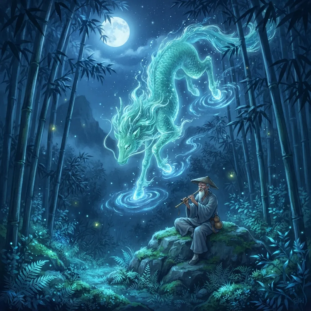 A majestic Qilin made of jade and flowing water descends through a bamboo forest bathed in moonlight. Its hooves leave ripples of luminous blue energy on the air itself. An ancient hermit with a gourd plays a flute on a rock below. Aesthetic, tranquil yet mysterious, blue monochrome with silver highlights, spiritual enlightenment vibe, Ghibli-inspired background.
