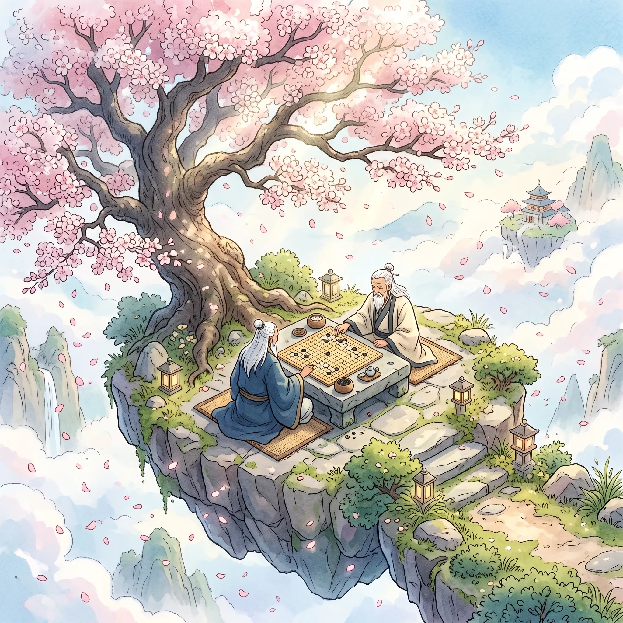 A peaceful overhead view of two immortals playing the ancient game of Go on a stone table under a colossal peach blossom tree on a floating islet. Countless pink petals drift down into the endless abyss below. Soft pastel colors, soft sunlight filtering through the branches, zen atmosphere, isometric composition, studio ghibli style, watercolor texture.
