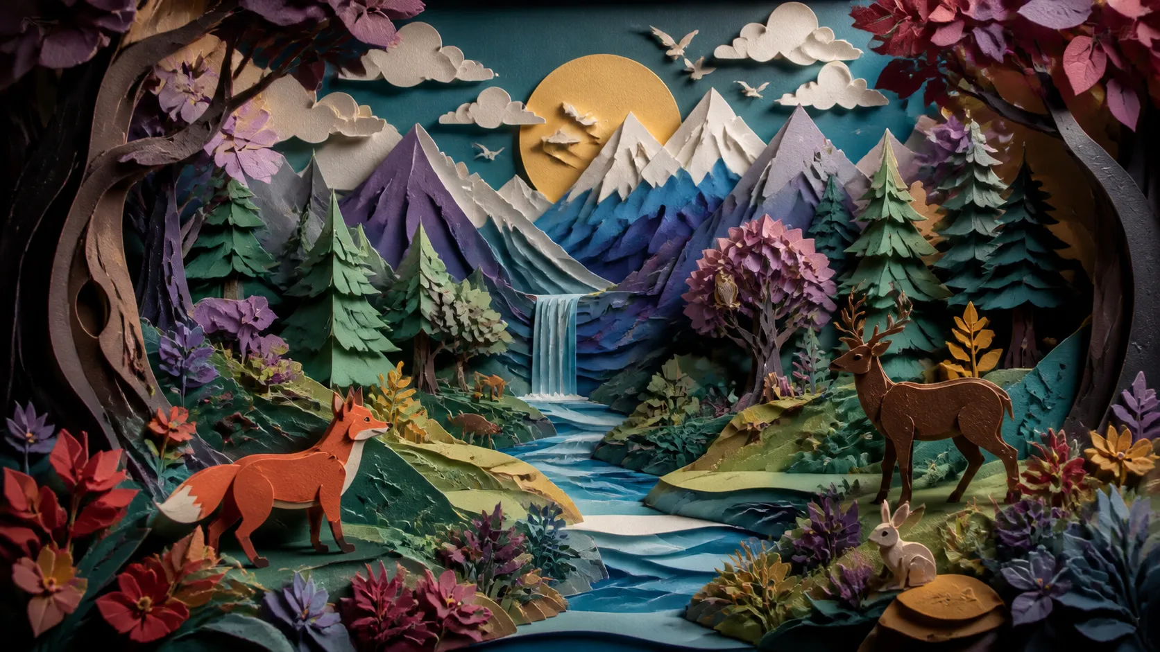 A magical forest created entirely from layered colored paper. Multiple paper layers form mountains, rivers, trees, animals, and clouds with realistic paper textures and soft cast shadows. Handcrafted papercut illustration, rich depth, gallery-quality craftsmanship.