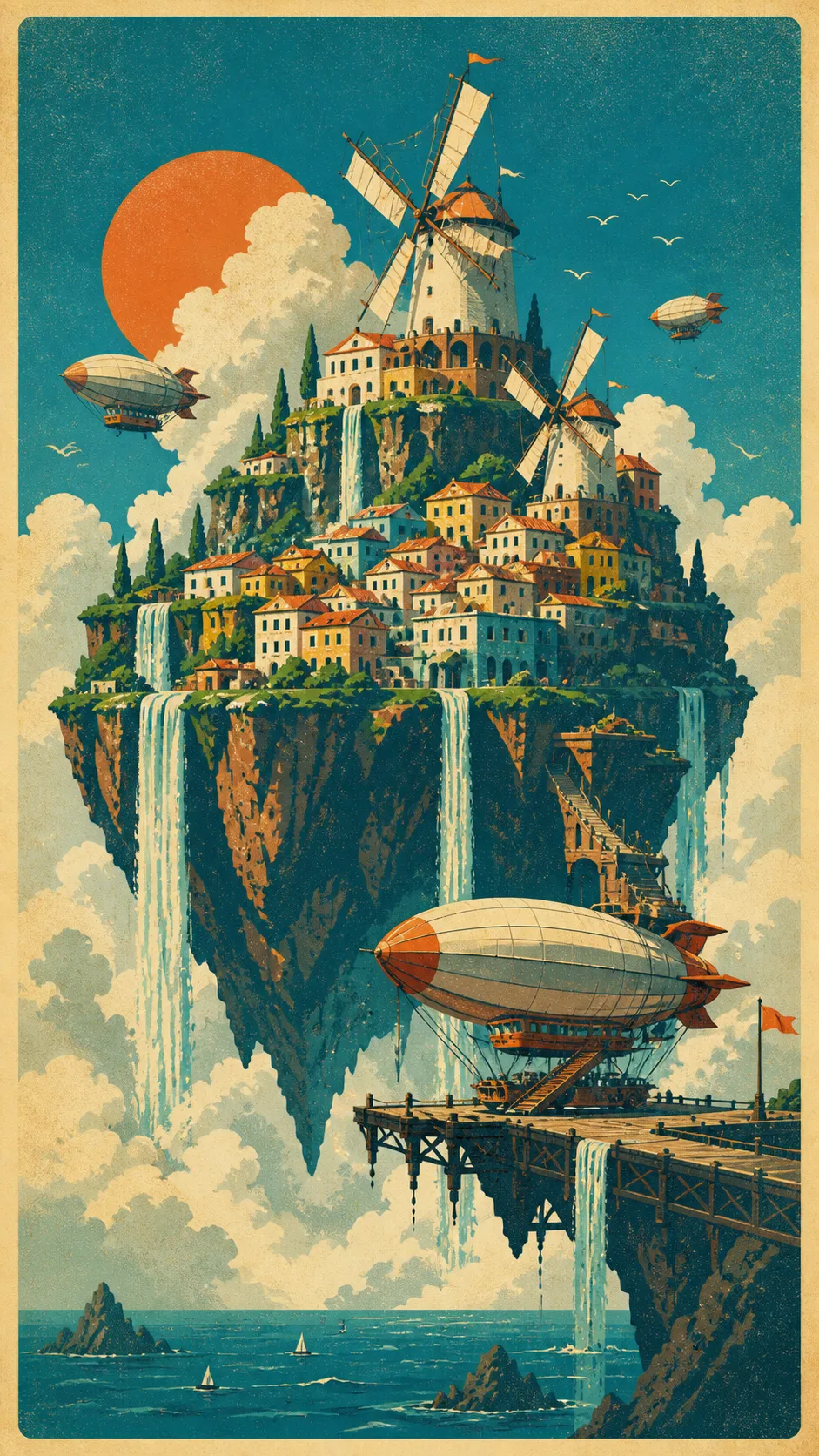 A fictional island floating above the ocean, featuring colorful villages, waterfalls cascading into clouds, giant windmills, and airships arriving at scenic docks. Vintage travel poster composition, bold graphic shapes, textured screen-print finish, vibrant yet limited color palette.