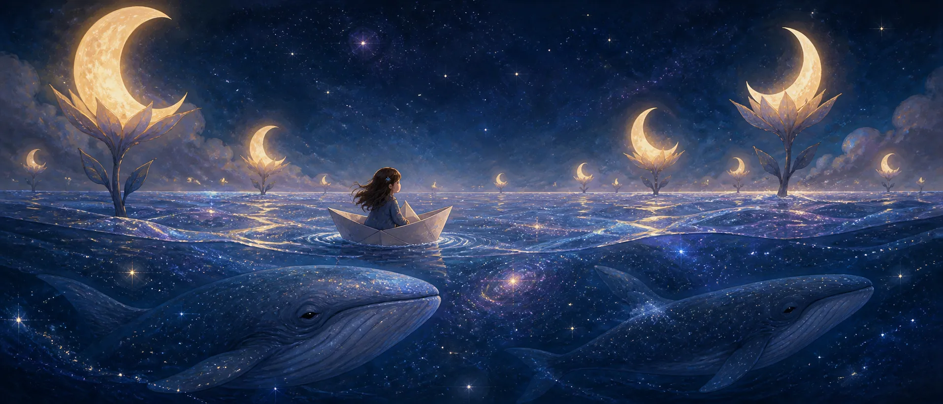 A little girl quietly sails across a vast ocean made entirely of stars inside a tiny paper boat. Giant sleeping whales float beneath transparent galaxies while enormous crescent moons bloom like flowers. Soft surreal illustration, painterly textures, emotional storytelling.