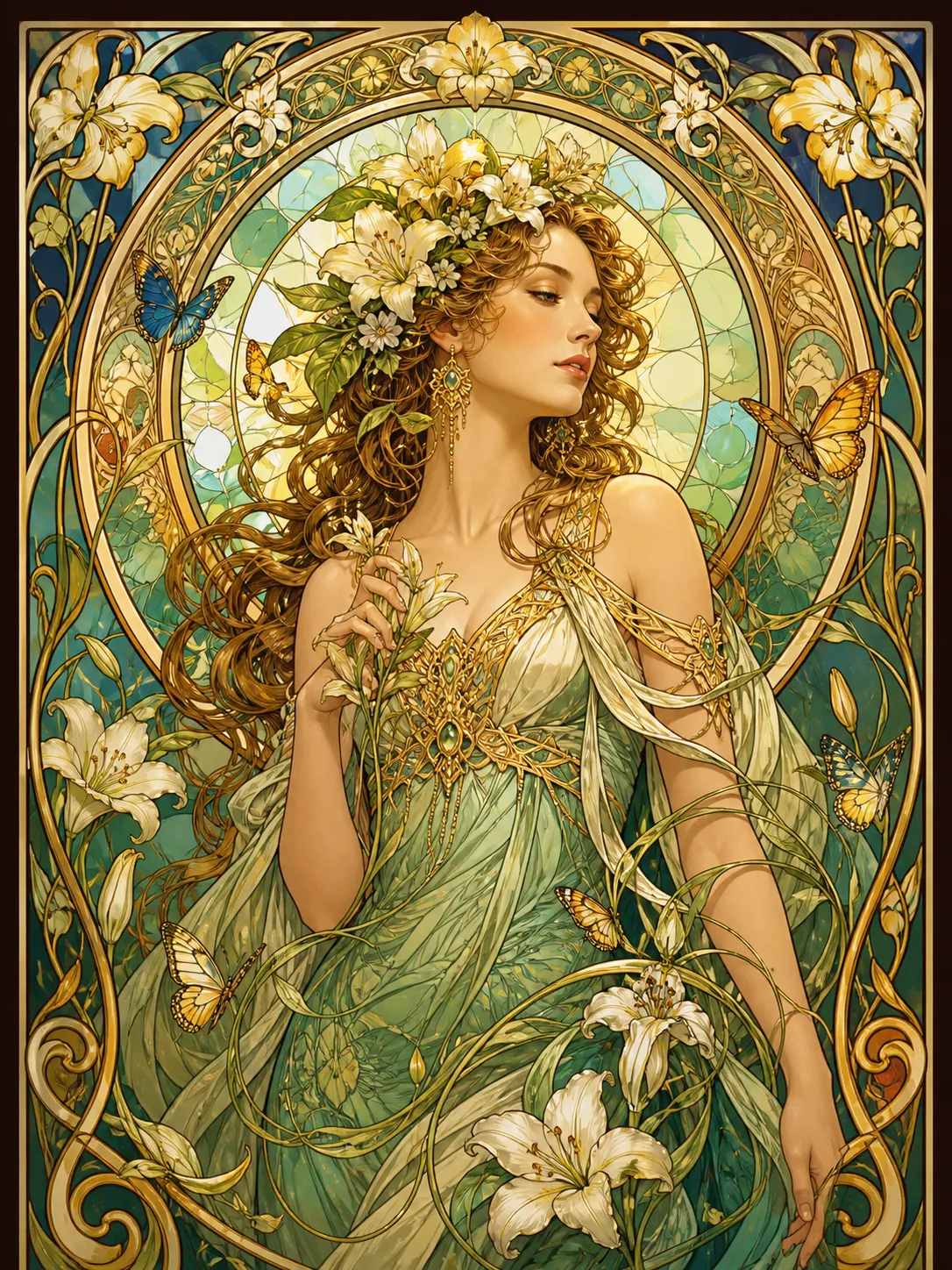 A graceful woman embodying the spirit of spring, surrounded by flowing vines, lilies, butterflies, and decorative golden ornaments. Elegant curved linework, stained-glass-inspired composition, intricate floral borders, inspired by Alphonse Mucha, luxurious illustration style.