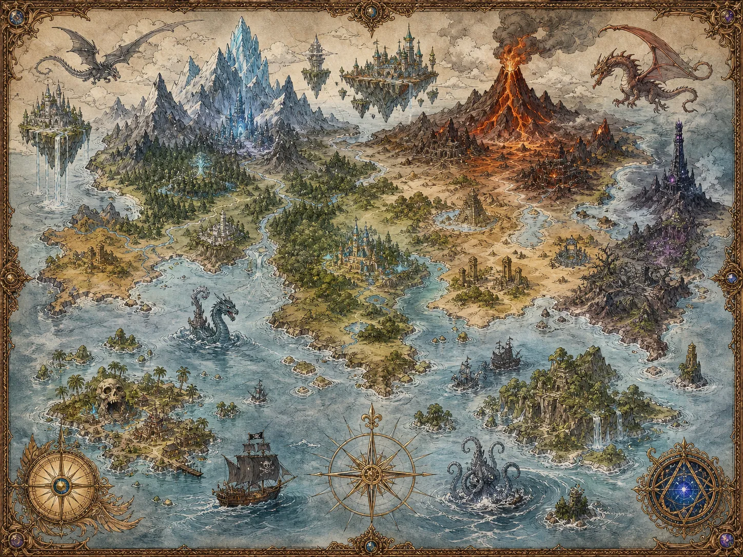 A beautifully illustrated fantasy world map featuring enchanted forests, crystal mountains, pirate islands, volcanoes, hidden ruins, floating kingdoms, dragons, sea monsters, and decorative compass roses. Hand-drawn ink linework with watercolor washes, classic tabletop RPG cartography.