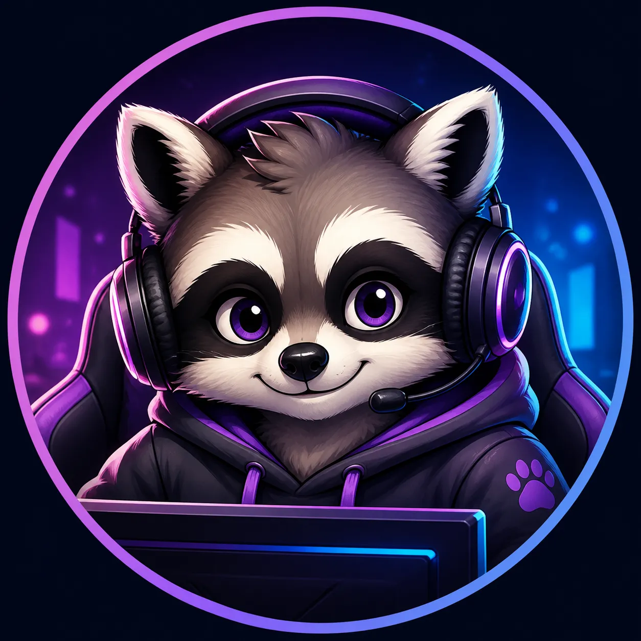A cute anthropomorphic raccoon gamer avatar, wearing oversized headphones and a cozy hoodie, sitting in front of a soft glowing monitor, playful confident expression, clean circular composition, bold readable silhouette, colorful digital illustration style, suitable for Twitch profile picture, Discord avatar, gaming channel icon, no text, no logo, no watermark Negative prompt: realistic photo, scary animal, messy background, distorted face, bad eyes, extra limbs, blurry, low quality, text, logo, watermark