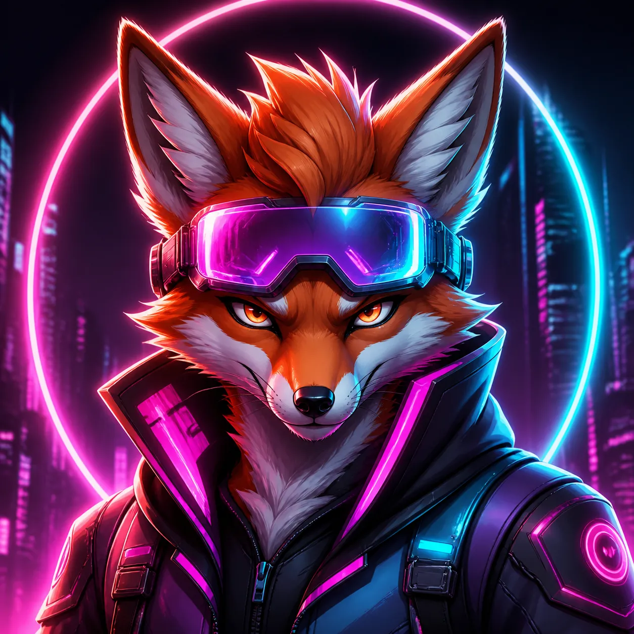 A stylish anthropomorphic fox avatar in a cyberpunk neon city mood, wearing a futuristic jacket and glowing visor, sharp confident expression, vibrant magenta and cyan lighting, clean centered composition, bold silhouette, premium digital illustration, suitable for gaming profile picture, YouTube channel avatar, Discord icon, no text, no logo, no watermark Negative prompt: realistic animal, horror, messy neon background, distorted face, bad anatomy, extra limbs, blurry, low quality, text, logo, watermark