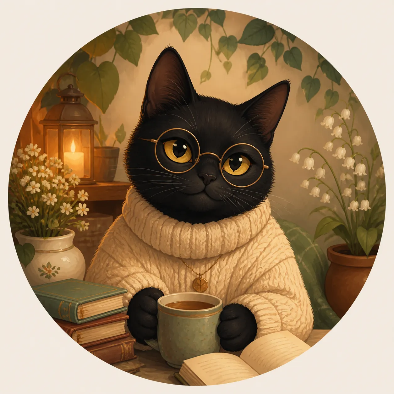 A charming anthropomorphic black cat avatar in a cozy cottagecore style, wearing a soft knitted sweater and round glasses, surrounded by warm plants and tiny books, gentle clever expression, soft painterly illustration, clean circular composition, suitable for social media profile picture, book club avatar, cozy gaming icon, no text, no logo, no watermark Negative prompt: realistic photo, scary cat, cluttered background, distorted eyes, extra limbs, childish scribble, blurry, low quality, text, logo, watermark