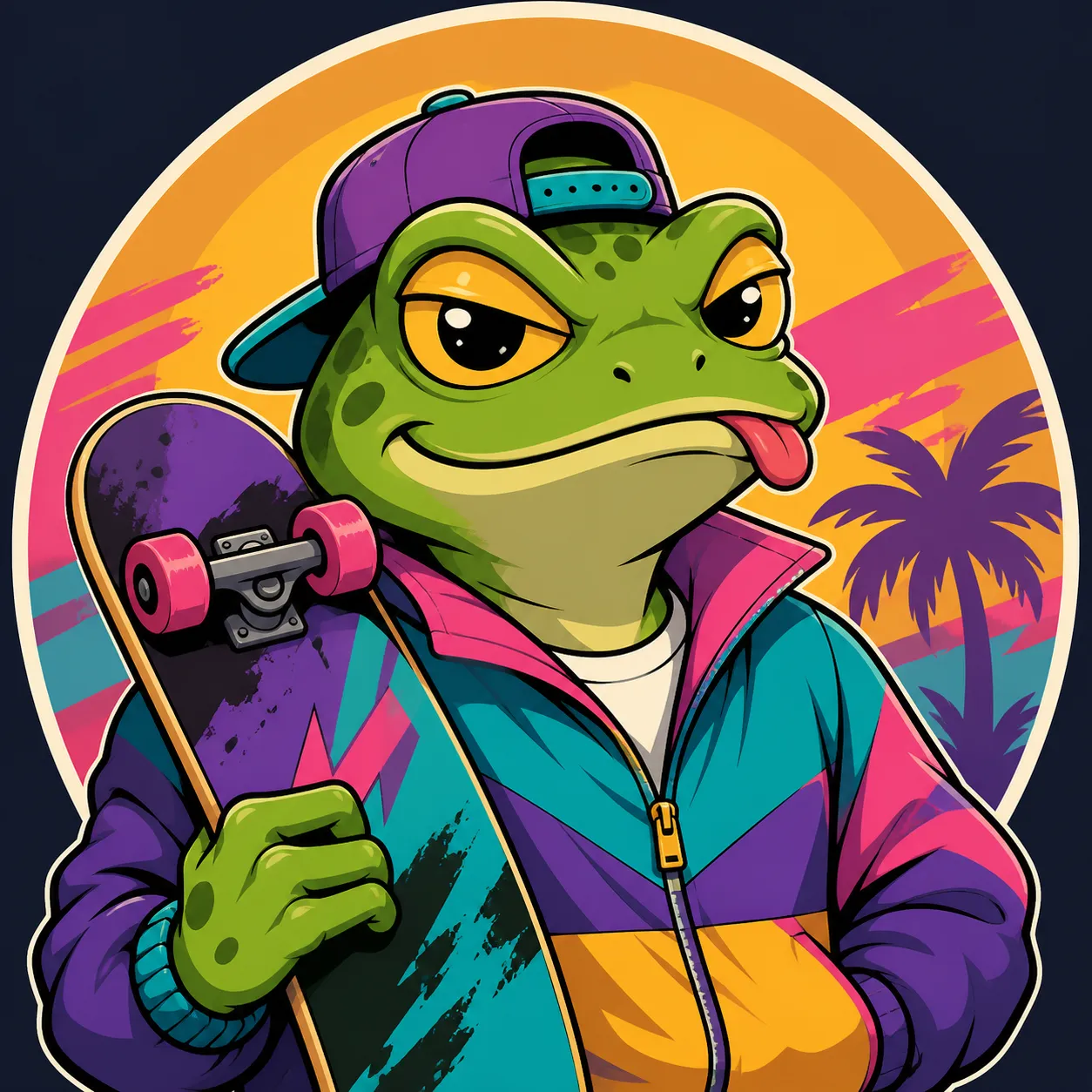 A cool anthropomorphic frog avatar with a retro 90s skateboarding vibe, wearing a colorful windbreaker and small cap, holding a skateboard, playful rebellious expression, bold clean cartoon illustration, bright but balanced colors, centered profile icon composition, suitable for Discord avatar, streetwear brand icon, gaming profile picture, no text, no logo, no watermark Negative prompt: realistic frog, gross texture, scary face, messy background, bad anatomy, extra limbs, blurry, low quality, text, logo, watermark