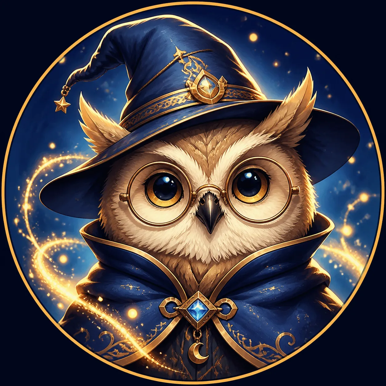 A wise but cute anthropomorphic owl wizard avatar, wearing a small embroidered cloak and round spectacles, soft glowing magical particles, deep blue and gold color palette, expressive intelligent eyes, clean circular composition, premium fantasy illustration style, suitable for Discord server icon, fantasy gaming avatar, book podcast profile picture, no text, no logo, no watermark Negative prompt: realistic owl photo, scary horror wizard, cluttered background, distorted eyes, extra wings, bad anatomy, blurry, low quality, text, logo, watermark