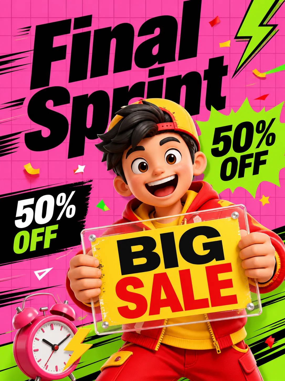 A vibrant promotional poster for an e-commerce flash sale, pink and green color clash, 3D cartoon style, dynamic and lively atmosphere. A 3D character in red and yellow outfit, happily holding a "BIG SALE" sign. Background features bold black typography reading "Final Sprint" and "50% OFF" discount labels. Grid pattern background, energetic composition, festive and exciting mood, bold pop-art style, bright lighting, high saturation, 8k, commercial advertising quality.
