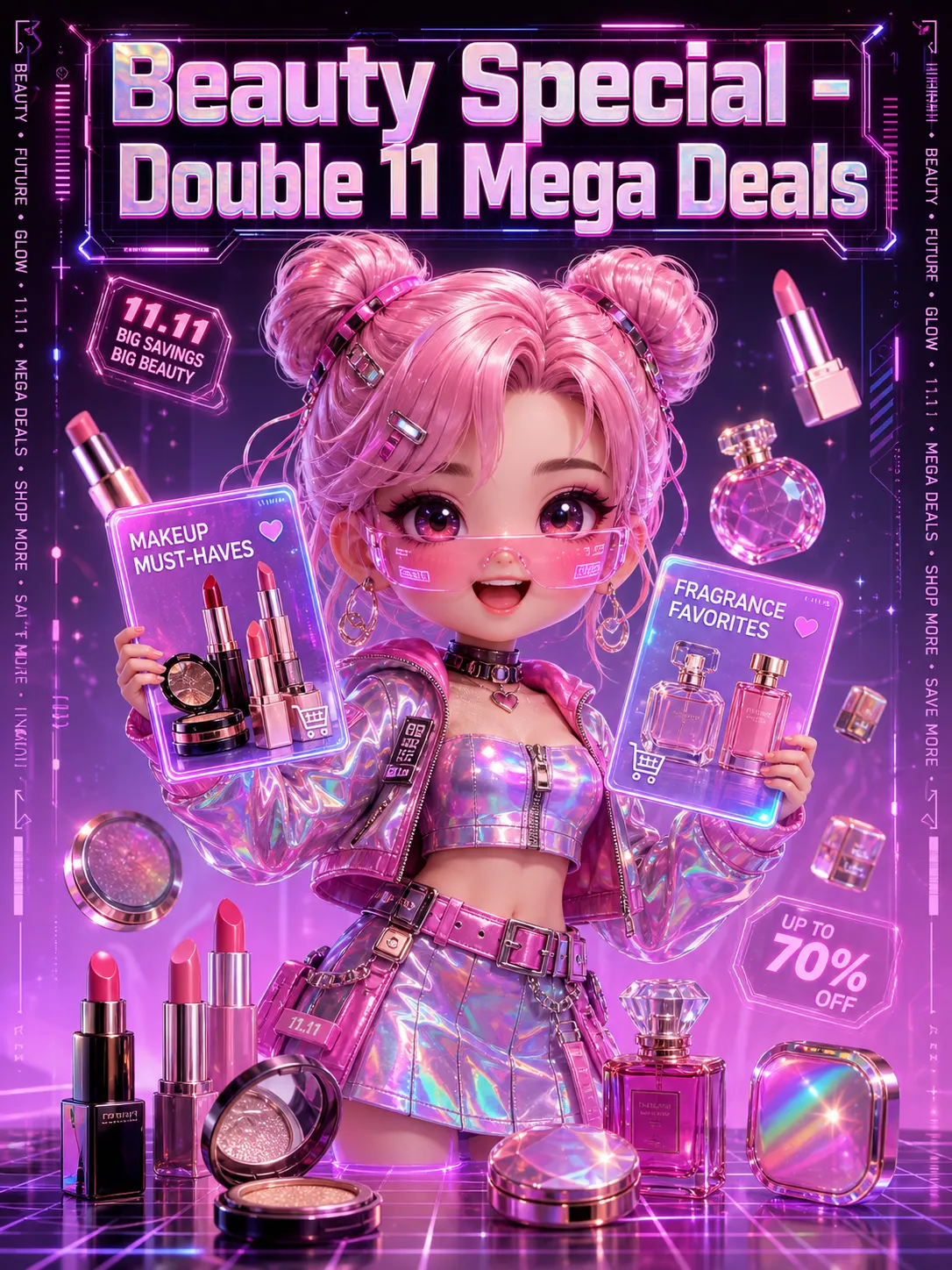 A cyberpunk-style beauty promo poster, pink-purple gradient background with holographic iridescent textures and neon grid elements. Center features a chibi-style 3D female character with pink space buns, holding beauty product display cards in both hands. Scattered lipsticks, perfumes, and cosmetic items around. Bold headline text "Beauty Special - Double 11 Mega Deals" at the top, repetitive tech-style decorative text on both sides. Futuristic, youthful, vibrant, neon glow, 3D render, C4D style, high detail, commercial advertising.
