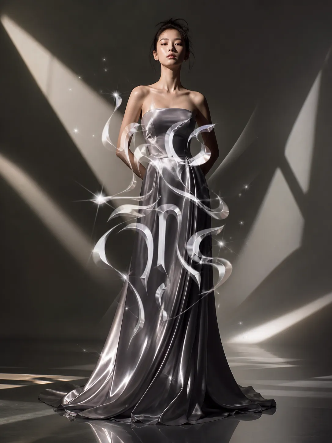 An Asian model wearing a silver-gray satin gown, standing against an abstract light-and-shadow background, Stefan Sagmeister-inspired visual style. The gown reflects flowing light spots and irregular geometric light cuts. Experimental distorted typography in the center, surrounded by subtle sparkling starry effects. High-end fashion editorial aesthetic, cinematic studio lighting, sharp focus, elegant composition, minimalist layout with contrast, photorealistic, 8k, luxury brand campaign quality.