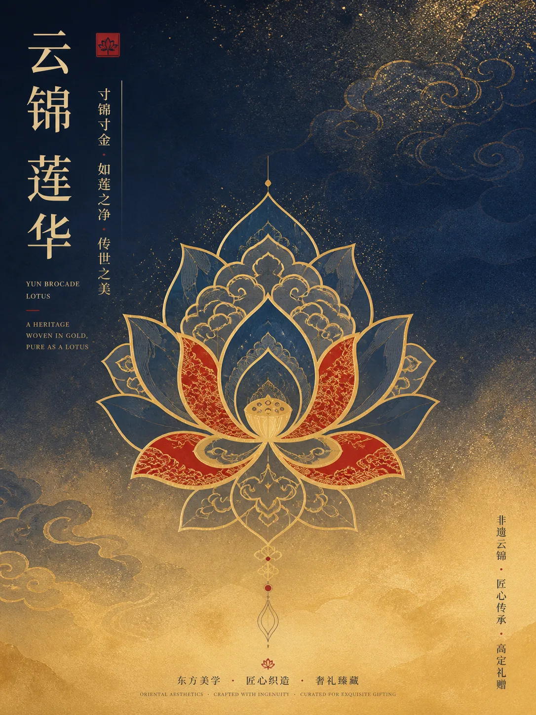 Neo-Chinese flat illustration style, cultural heritage brand poster. Deep blue to gold misty gradient background with matte texture and grainy noise effects. Center features a large geometric lotus pattern inspired by Yun Brocade (Nanjing cloud-patterned silk), rendered in minimalist vector lines with vermilion red accents. Gold foil speckle texture overlay. Vertical Chinese typography paired with English translation on the side. Elegant, refined, culturally rich, high-end gifting aesthetic,磨砂质感, warm ambient lighting, 8k, commercial print quality.