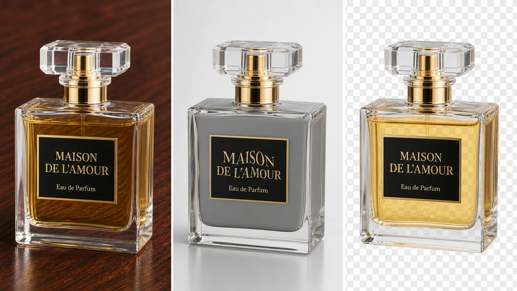 A 3-panel side-by-side product comparison image. Left panel shows a raw commercial shot of a square transparent crystal perfume bottle on a mahogany wood desk, featuring a black and gold label with elegant serif typography reading "MAISON DE L'AMOUR Eau de Parfum" and visible wood grain through the golden liquid. Middle panel shows a failed Gemini cutout where the liquid inside is replaced with a flat solid opaque gray fill and the label text "MAISON DE L'AMOUR" is warped. Right panel shows a winning Vidoly cutout where the wood backdrop is completely removed to a transparent checkerboard while preserving real liquid transparency, specular reflections, and 100% crisp label text --ar 1:1